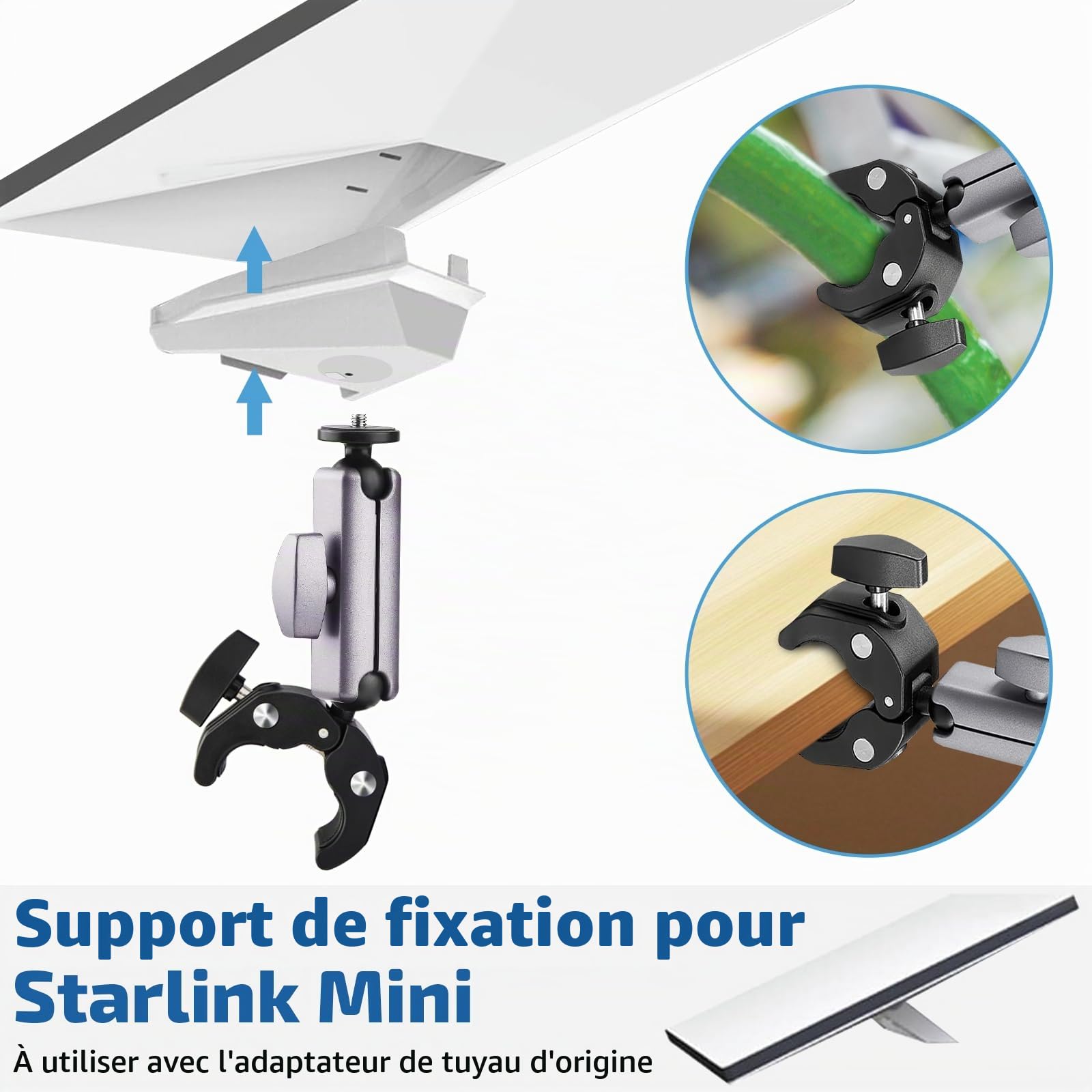 Starlink Mini support réglable pour mini bol Starlink compatible avec les barres de 2,2 à 5 cm, idéal pour les échelles de camping-car, les barres de toit, les camionnettes, les bateaux, les