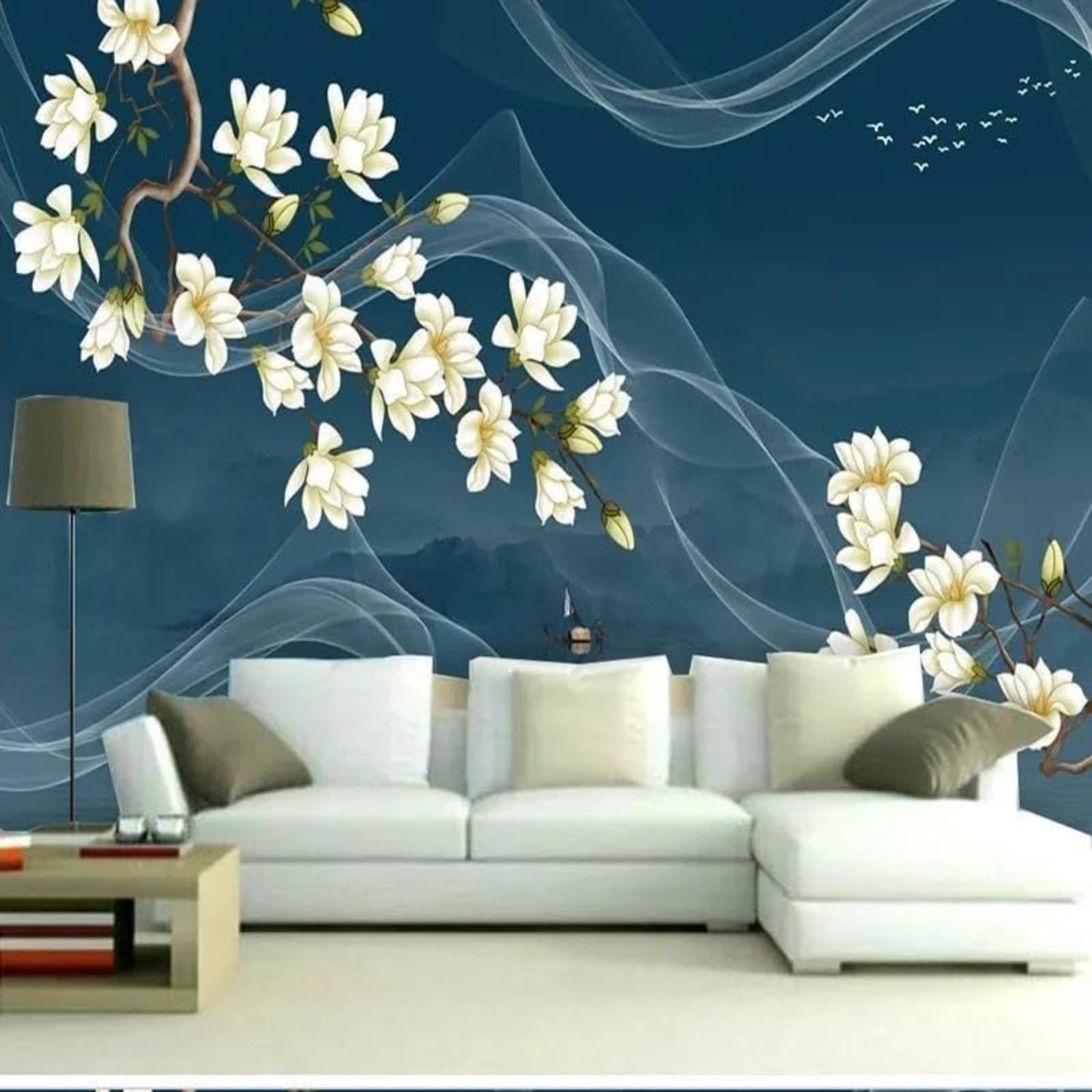 Décoration maison murale fleur blanche effet 3D salon