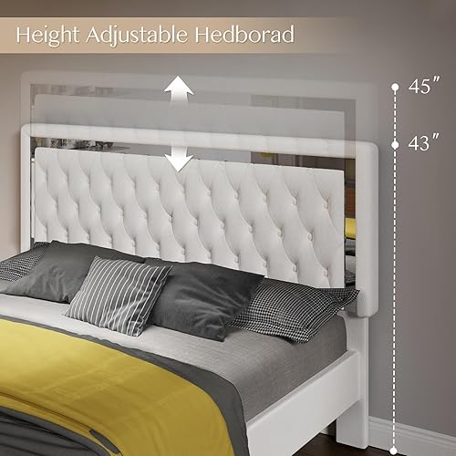 Miniatura 5 de Jocisland Base de cama matrimonial con cabecero y estribo de luces LED, tapizado de terciopelo, plataforma de tamaño matrimonial, no necesita