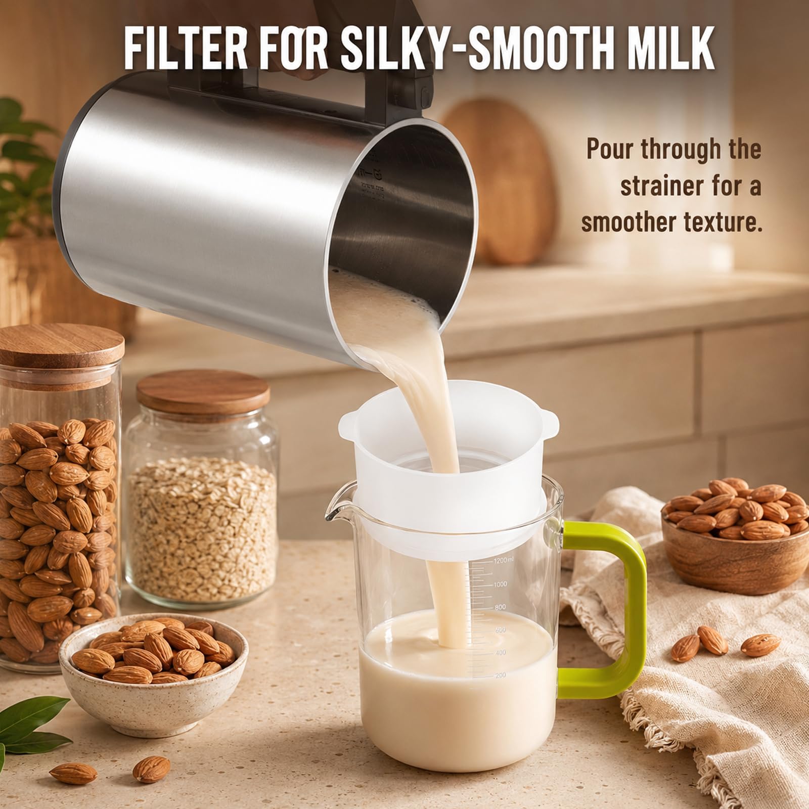 Macchina Automatica per Latte Vegetale 1,2 L, 7-in-1 con Avanzamento LED | 4 Lame in Acciaio Inox, Autopulizia 180 Sec. e 25.000 Giri/Min per Latte di Mandorla, Avena, Porridge e Creme