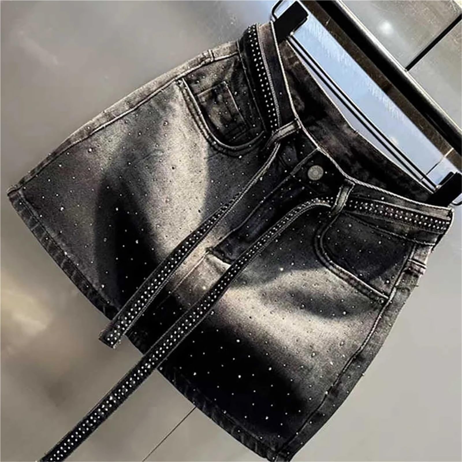 Minigonna in Denim con Diamanti retrò Oversize da 1 Pezzo for Le Donne, Vita Estiva, gonne Sottili Rivetti Lucidi, Jean sfumate per Vacanze E Feste