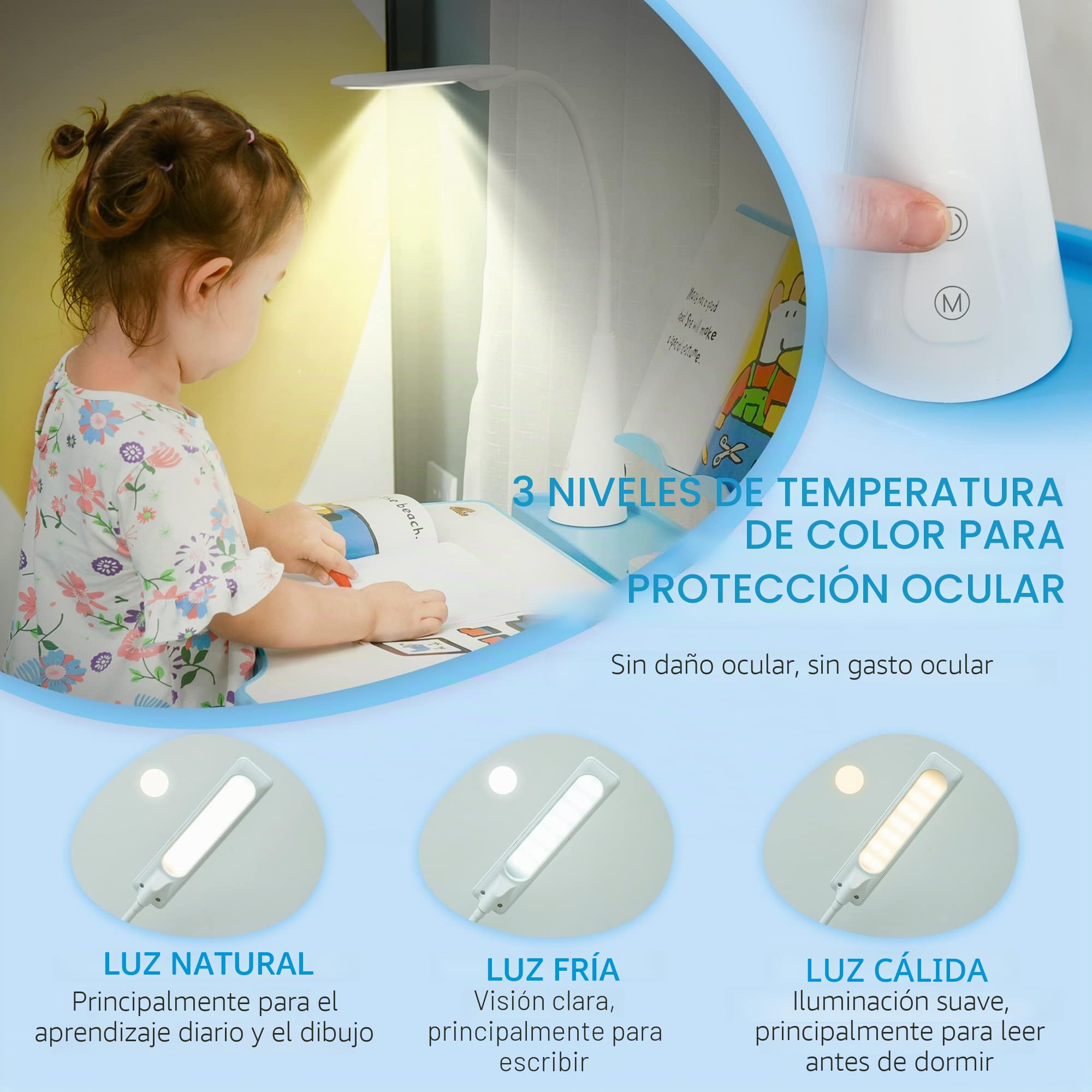 HOMCOM Set Escritorio Silla Estudio Altura Ajustable lámpara USB Azul