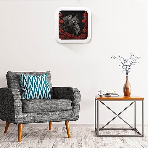 Miniatura 5 de Reloj de pared cuadrado moderno de 10 pulgadas, con estampado de caballo rojo y negro, funciona con pilas, silencioso sin tictac, único y divertido,