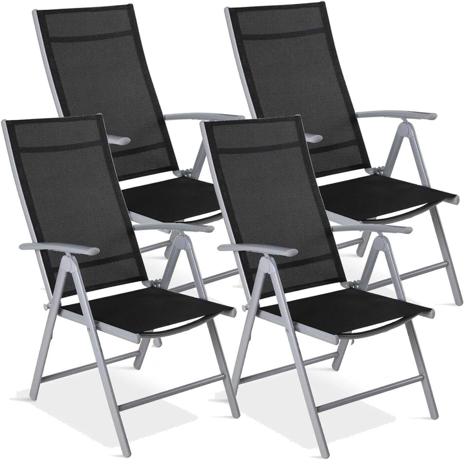 Clevich Gartenstühle Alu 4er Set, Gartenstuhl Hochlehner Klappbar mit 7-Fach Verstellbar Rückenlehne, Balkonstühle bis 120kg, Leicht Campingstühle, Ergonomisch Atmungsaktiv & Komfortabel, Silber Grau