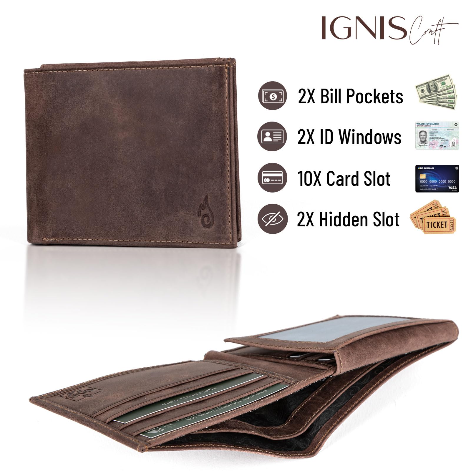 Ignis Craft Dark Brown Billfold Mens Leather Wallet RFID Blocking with 2X ID Windows High-Capacity Slim Design, Premium Leather Gifts for Men (Solstice 4 Canyon)