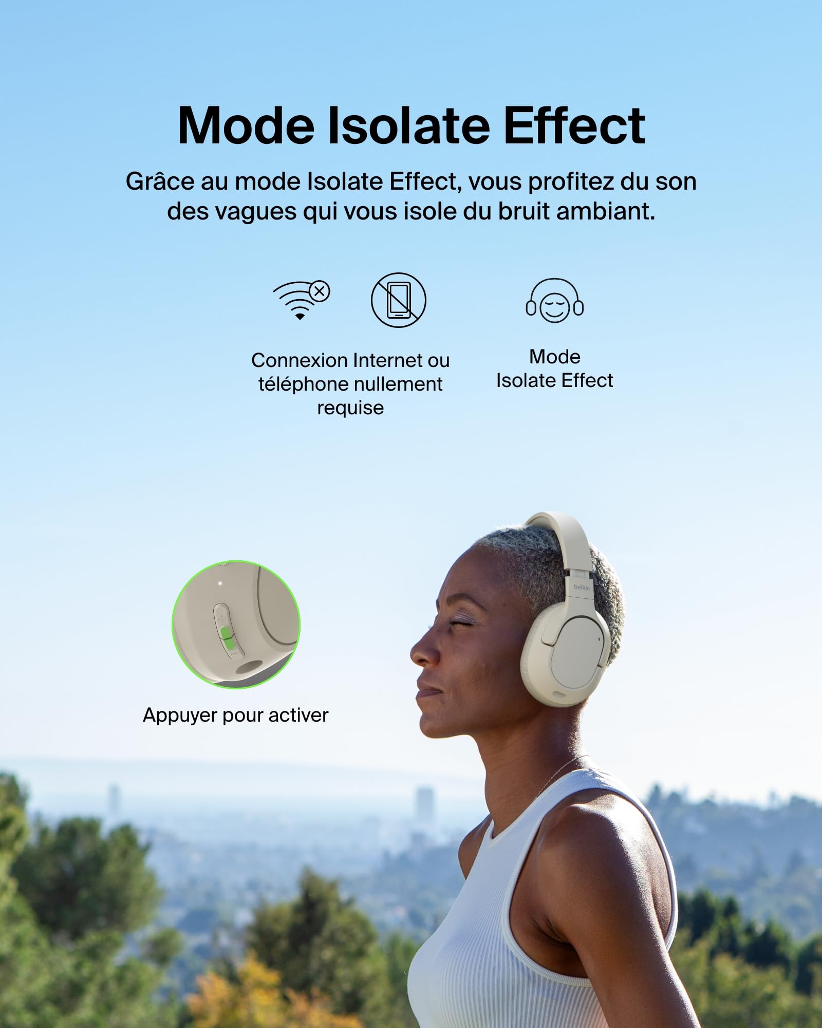 Belkin SoundForm Isolate Casque Bluetooth sans Fil avec ANC Hybride (casque audio à réduction de bruit, 60 h de lecture, basses profondes, oreillettes CloudCushion, utilisation en déplacement) - beige