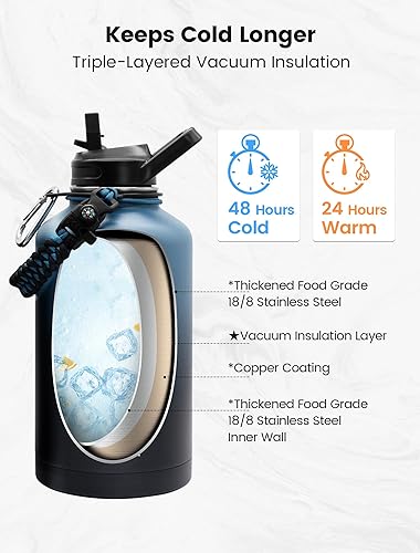 Miniatura 3 de Botella de agua aislada de 64 onzas, de triple capaal vacío de acero inoxidable (fría durante 48 horas), jarra de agua grande de medio galón con