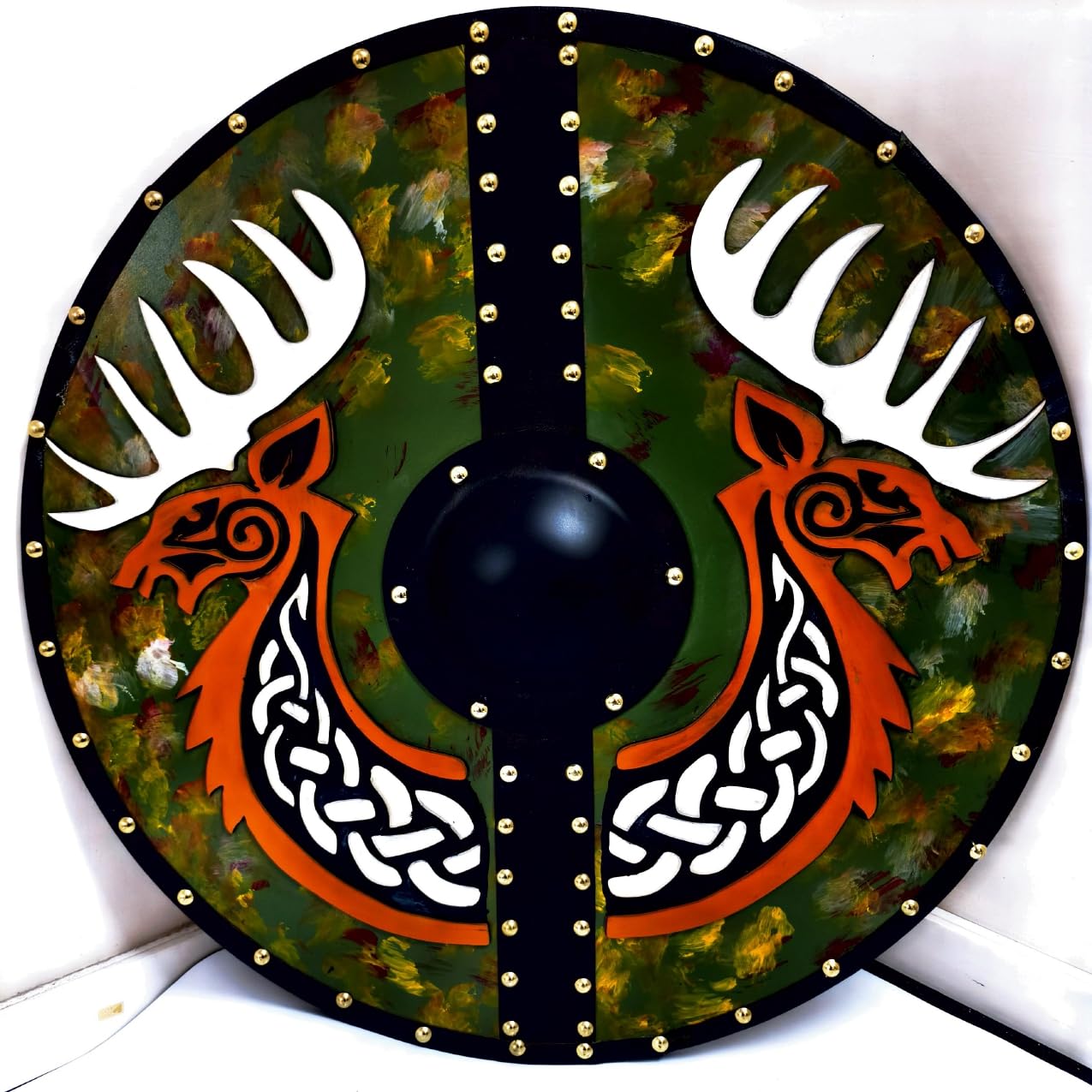 THOR INSTRUMENTS Handcrafted Viking Fenrir Wolf Shield, Round Wooden Wall Decor with Celtic Knotwork Pattern, Brown, 24 Inch (J)