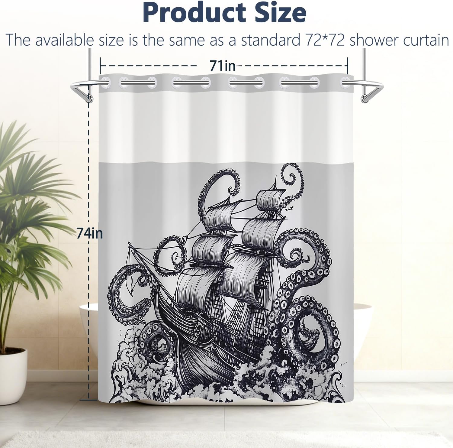 Nautical Shower Curtain with Snap in Liner, Octopus Tentacles with Ship Sailboat Ocean Kraken Retro Bathroom Curtains Decor, Waterproof Fabric No Hook Shower Curtain with Split Ring Design, 71x74 Inch