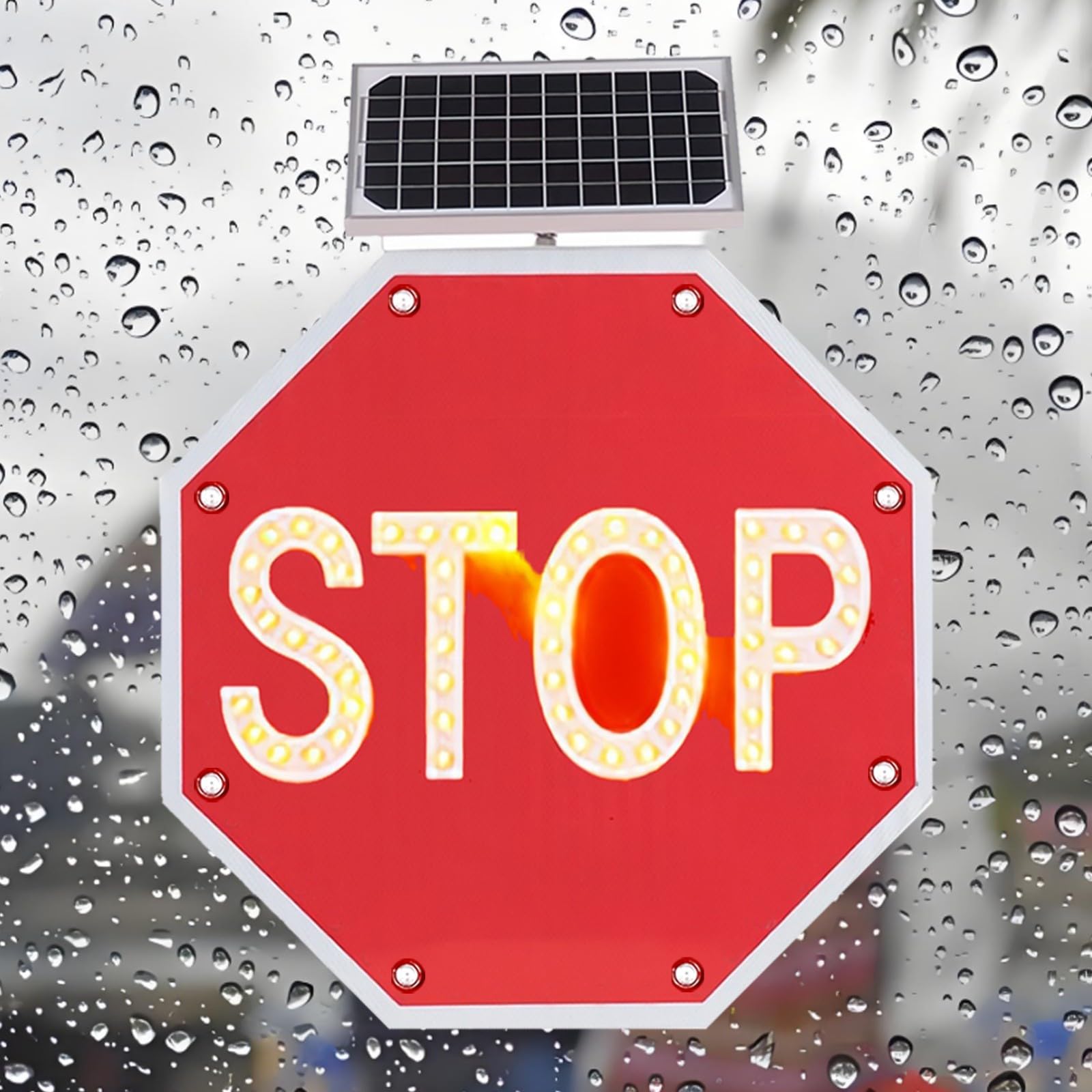 Señales solares de parada de tráfico, 61 cm, LED intermitente, marco de metal resistente, IP65, reflectante de ingeniero, borde amarillo + "STOP" amarillo, aceptar personalización