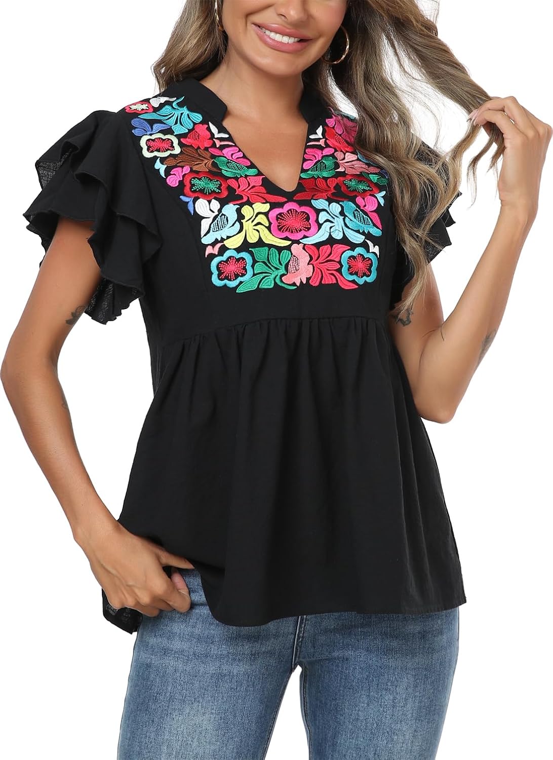Women's Embroidered Floral Tops Peasant Blouses V Neck Ruffle Cap Sleeve Boho Summer Tops - Image 3