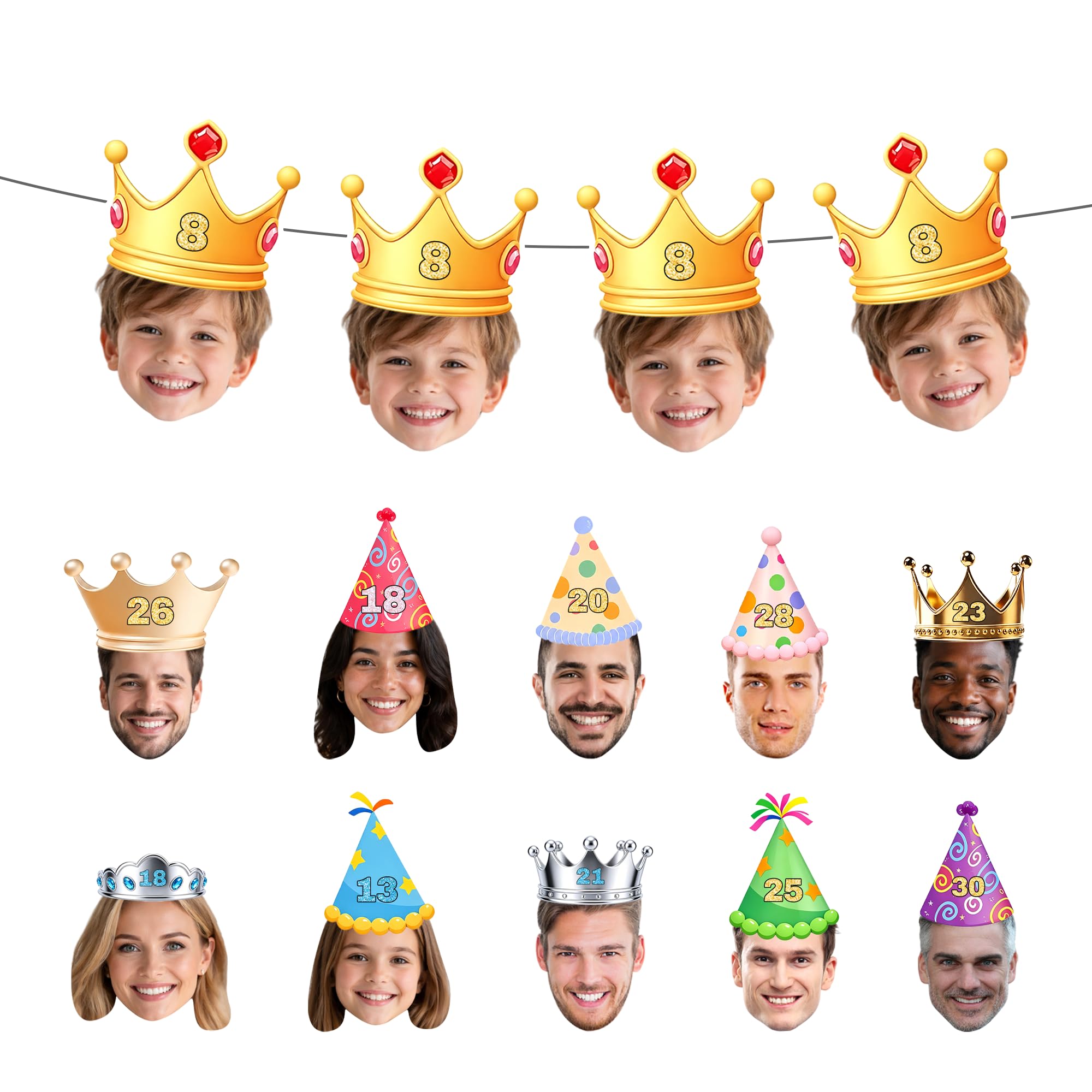 Personalised Birthday Banner with Photo, Custom Face Cutout Bunting, Party Hat & Crown Designs, Custom Age Birthday Decorations, Pre-Cut Funny Photo Garland for Birthdays, Weddings, Graduations