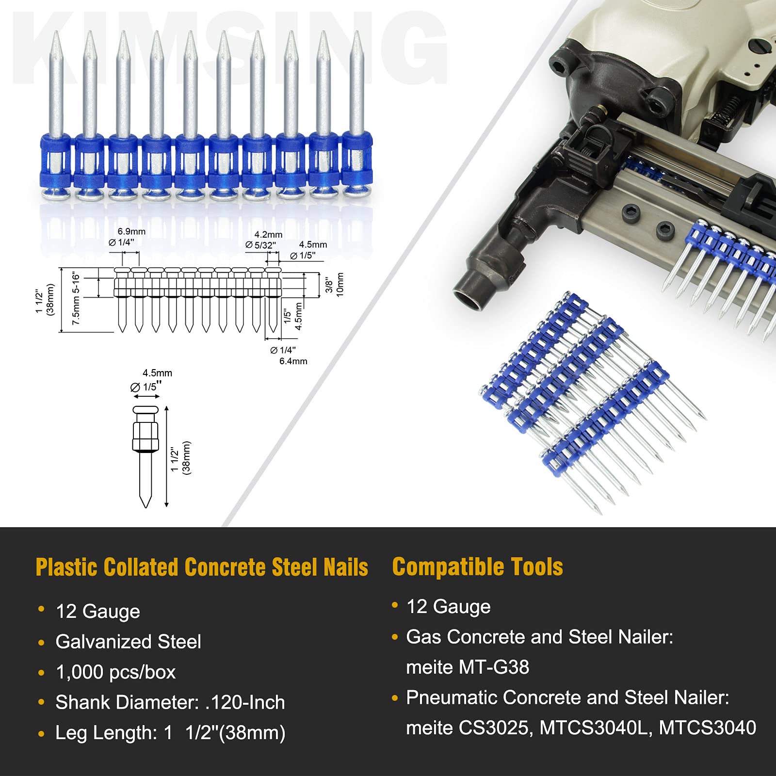 KIMSING 12 Gauge MTSD-38 Smooth Shank Plastic Collated Concrete & Steel Drive Pin, 38mm Leg Length - Image 2