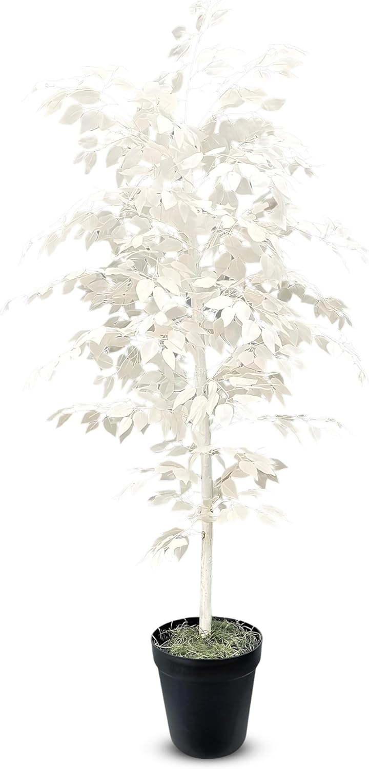 6ft White Faux Ficus Tree - Preassembled, Real Wood Trunk, No Maintenance Indoor Artificial Plant in Black Pot - Living Room, Home & Office Decor
