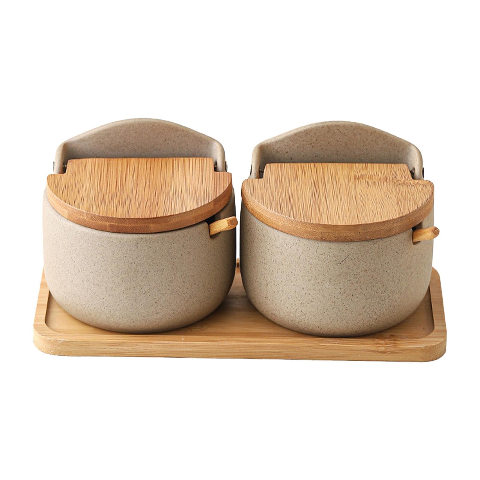 Contenitori Per Il Sale - Cantina Per Il Sale | 2x Porta Sale In Ceramica Con Coperchio A Cucchiaio In Legno, Scatola Per Condimenti, Barattolo Per Condimenti Da Cucina, Porta Sale Per Bancone, Baratt