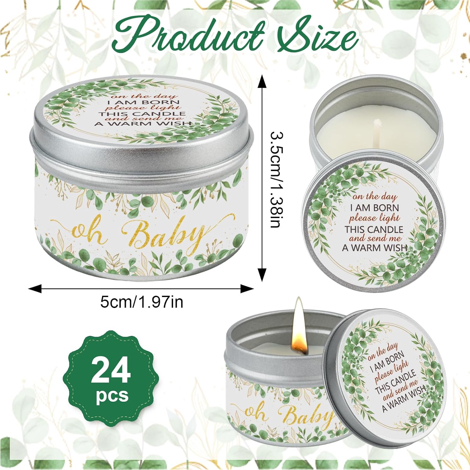 24Pcs Eucalyptus Leaf Baby Shower Party Candles, Lavender Scented Candles for Baby Shower Party Favors, Christening & Birthday Parties, Gender Reveal Return Gifts