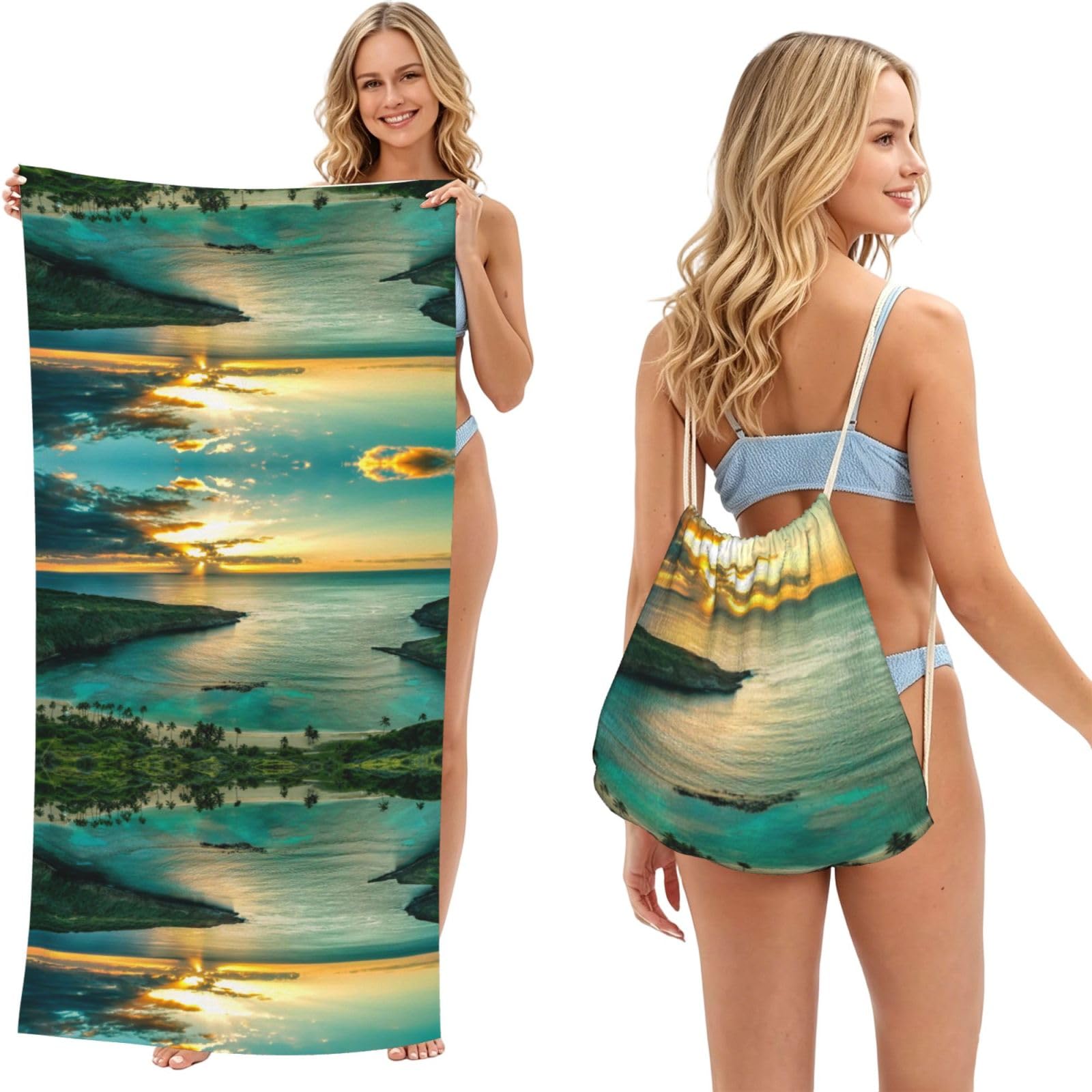 SATUSA Sunrise Over Hawaii Print 2-In-1 Foldable Beach Towel Backpack â€“ Camping, Yoga And Travel,Bath Towel With Built-In Storage, Convertible Beach Mat & Carry Bag