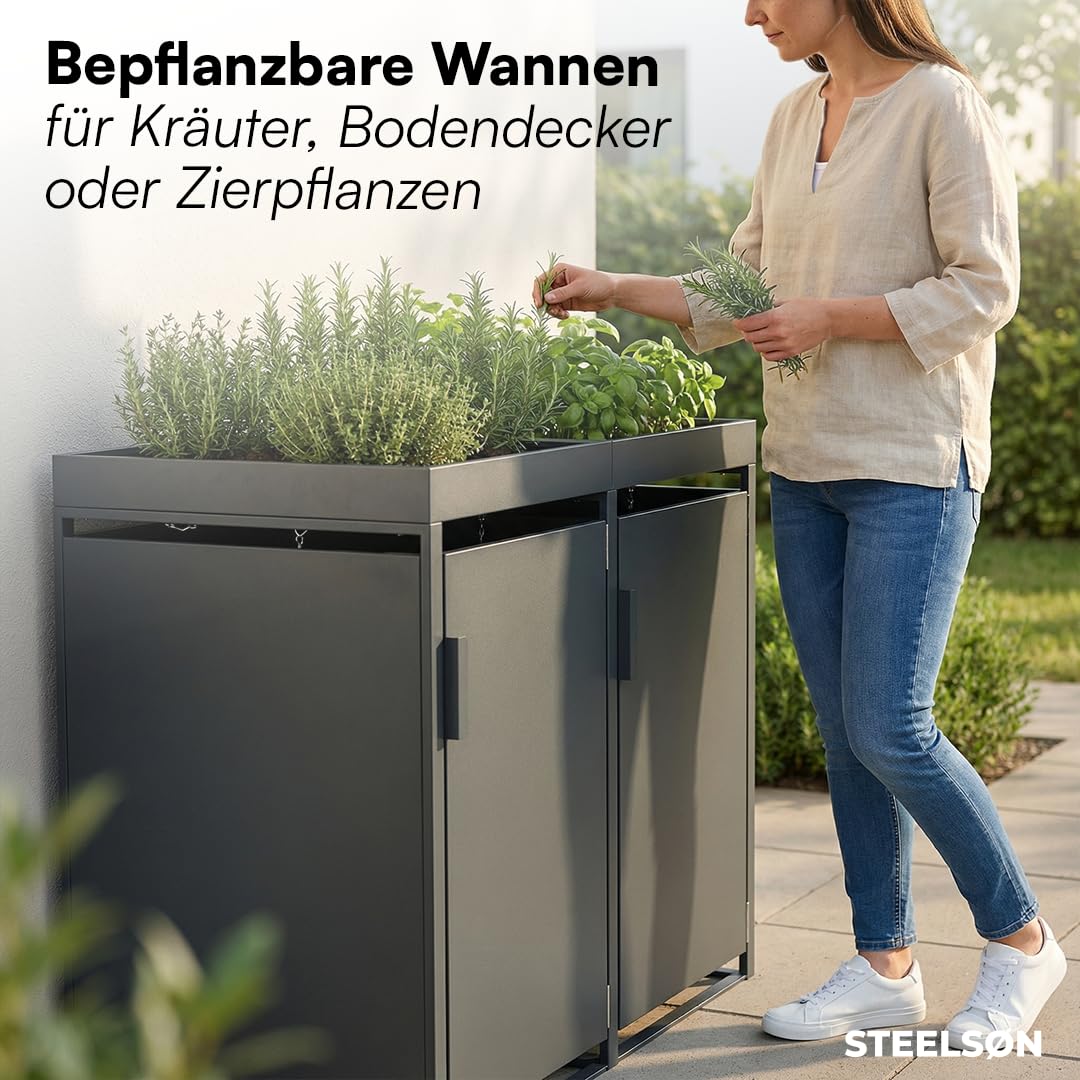 STEELSØN Thoria Mülltonnenbox 2er bis 240L mit Pflanzendach – Mülltonnenverkleidung aus Stahl für 2 Tonnen – Müllcontainer in Anthrazit – Müllbox mit Pflanzenkasten – Gerätebox 125x80x134 cm (HxTxB)