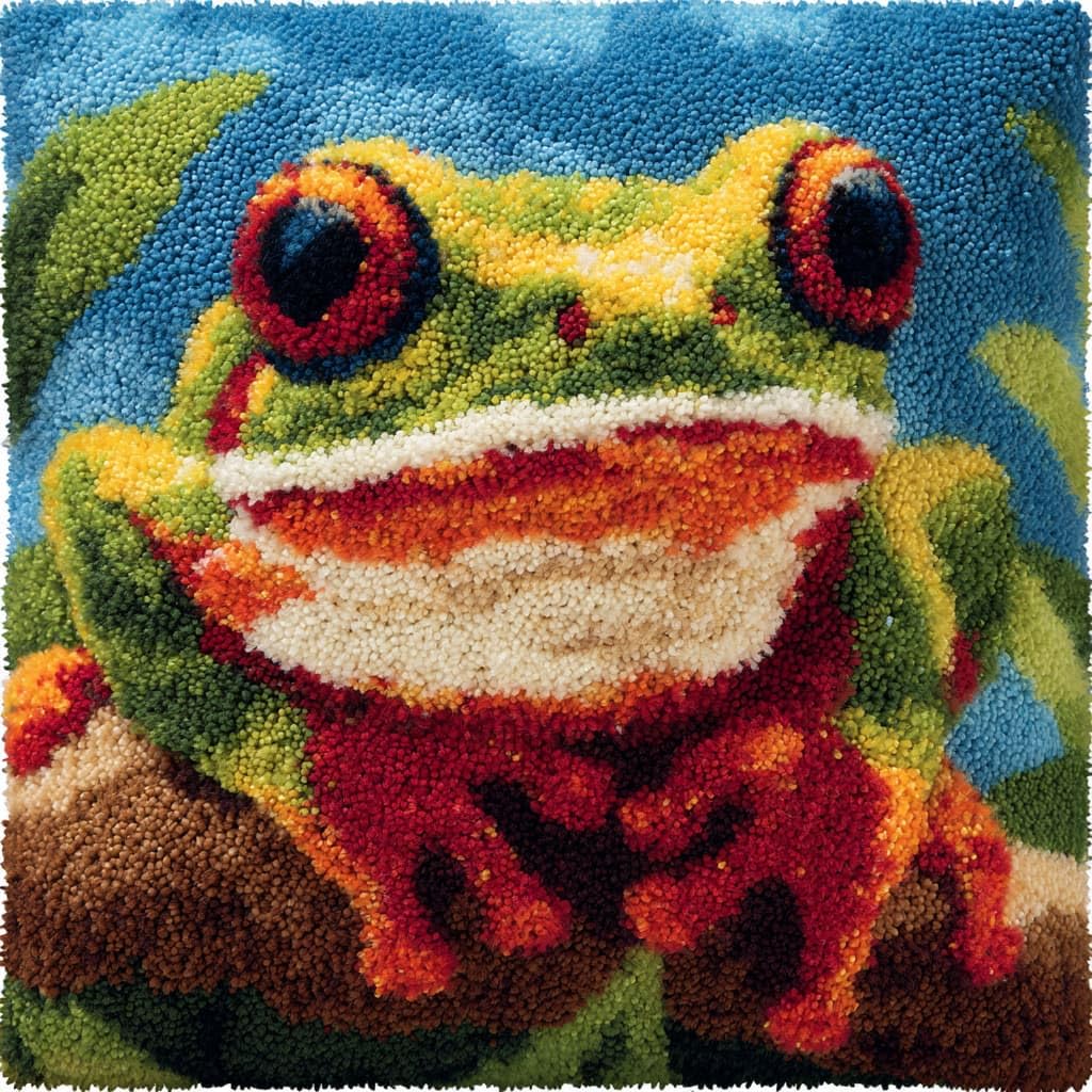 Taxpy Latch Hook Kits, Animal Frog Pillow DIY Rug Crochet Hook Cushion Making Kits with Preprinted Pattern Canvas DIY Handmade Sofa Cushion Kit 43x43cm