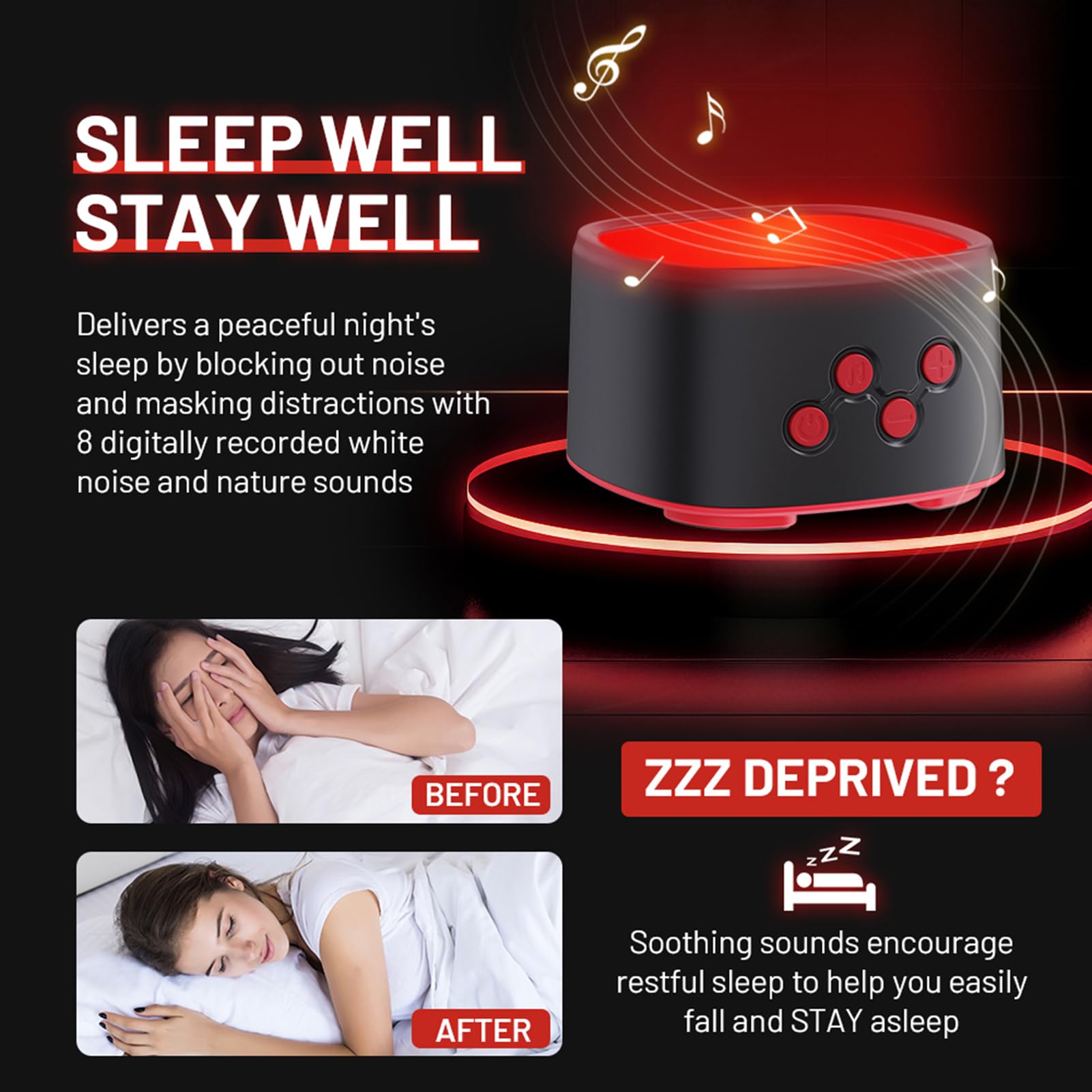 BRRNOO Macchina per Dormire con Rumore Bianco e Luce Rossa, luminosità e Volume Regolabili con 8 Suoni della, per Camera Letto, Casa, Ufficio, Meditazione, Relax (BLACK)
