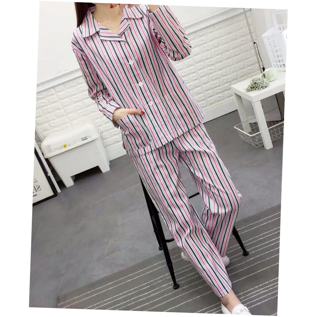 Beaupretty Pijama para Adulto Algodón Cómodo Manga Larga Hospital Ropa para Pacientes Rayas Azul Blanco
