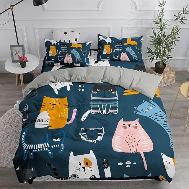 Treer Duvet Cover Set 3 Pieces for Single Double King Super King Size Bed, 3D Cat Bedding Sets Soft Microfiber Duvet Set with Pillowcases and Quilt Case (Navy blue,135x210cm)