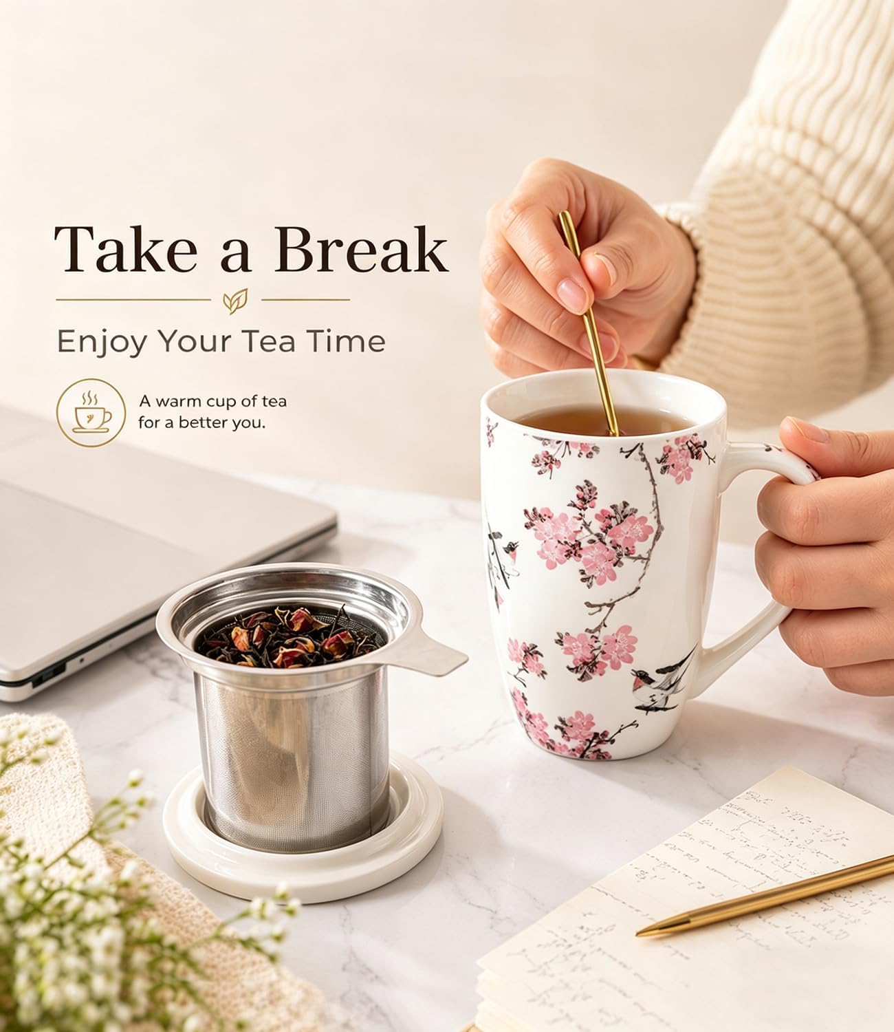AmorArc 18oz Porcelain Tea Mug with Infuser & Lid, Loose Leaf Tea Cup with Stainless Steel Strainer, Large Coffee Mug Gift for Women, Tea Lovers, Home & Office