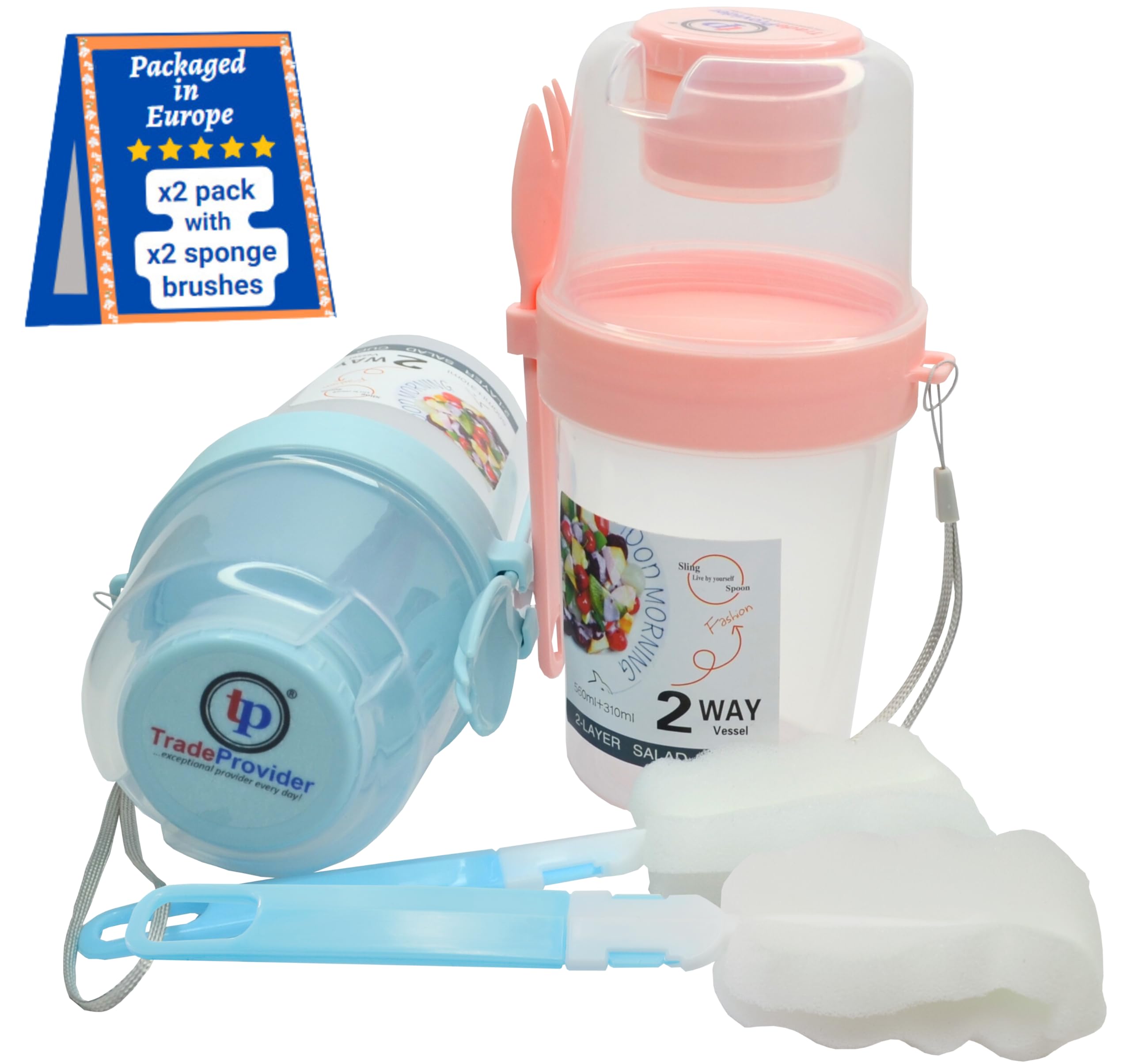 Reusable Yogurt Cups with Lid (2pack) Sponge Brush Fork Lanyard 560ml/19Oz Clear 3 in 1 Cereal Pot Salad Juice Milk Cup 100% BPA Free Breakfast Bowl by TradeProvider® (Blue & Pink)