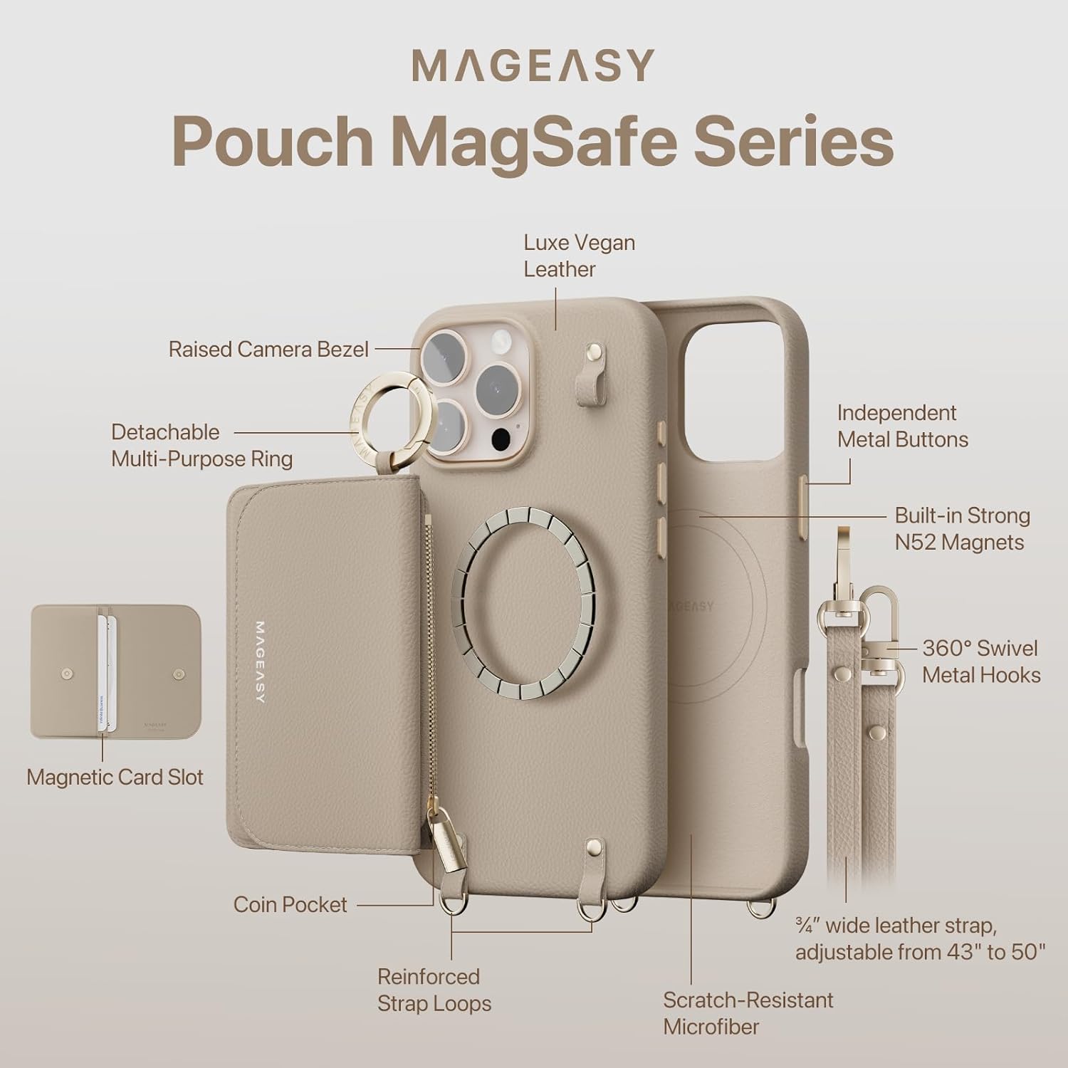 MAGEASY Pouch MagSafe Crossbody Wallet Phone Case for iPhone 16 Pro - Removable Wallet with Strap, Shockproof Protection, Card Holder & Coin Pocket Magnetic Purse Compatible with MagSafe (Camel Brown)
