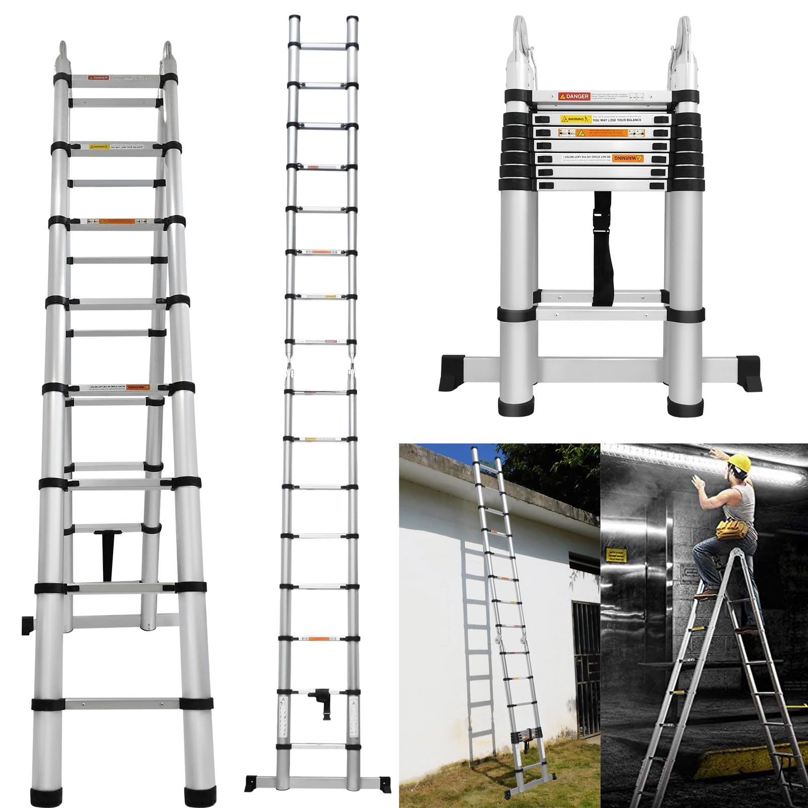 A-Frame Extendable Telescopic Loft Ladder, 2.5M+2.5M Multi-Purpose Aluminium Extension Ladder with Stabilizer Bar, Max Load 330lbs — image 1