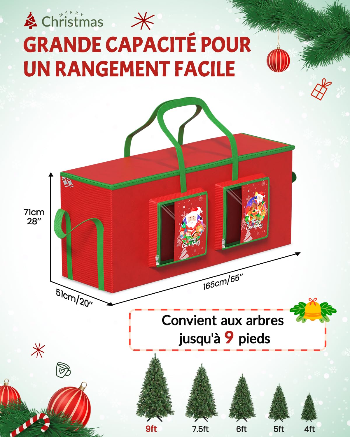 274CM Boîtier de Noël étanche à l'eau 600D, Boîtier de Noël Démonté 9FT Max 274CM avec Deux Grandes Poches, Boîtier de Noël Décor avec Poignées Robustes et Fermeture à éclair