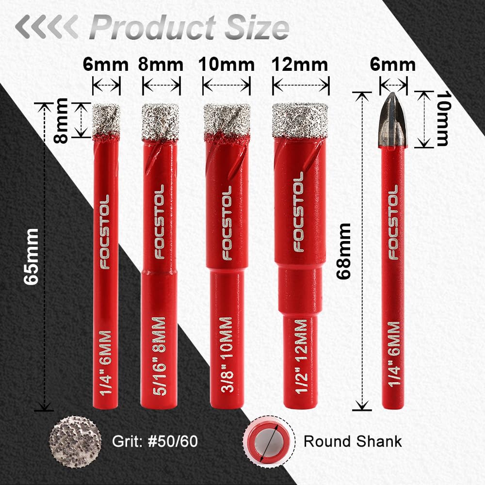 FOCSTOL Set Punte Trapano Diamantate - 4 pezzi 6/8/10/12mm Sega a Tazza Diamantata+1 pezzi 6mm Trapano Carburo con Gambo Tondo per Ceramica Gres Porcellanato Marmo Granito Quarzo