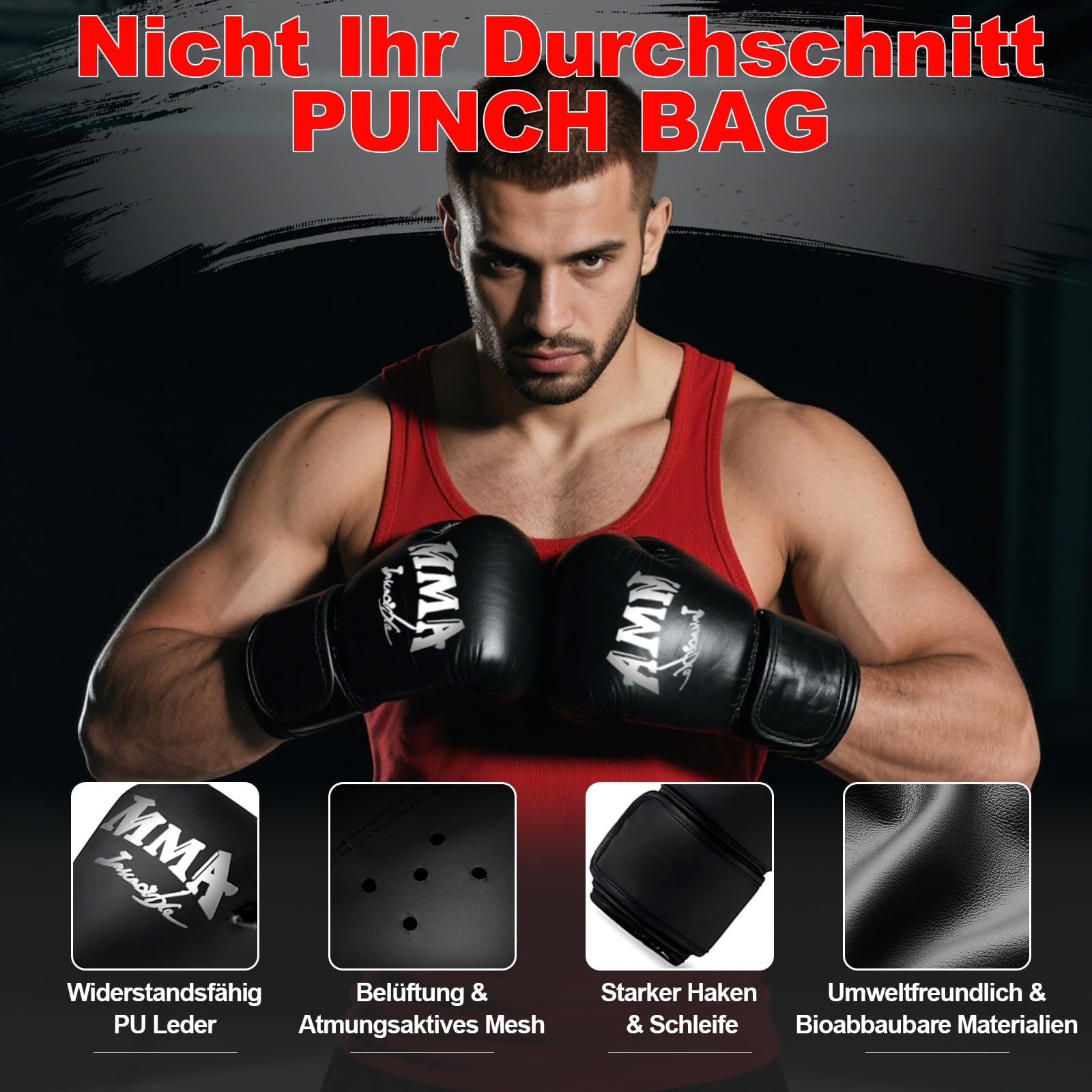 Boxsack-Set für Erwachsene, 120cm/4ft Oxford-Boxsack-Set mit 12oz Boxhandschuhen, geeignet für MMA-Karate-Kickboxen-Boxen-Muay-Thai-Training zu Hause – unbefüllter Schwerer Sack-rot
