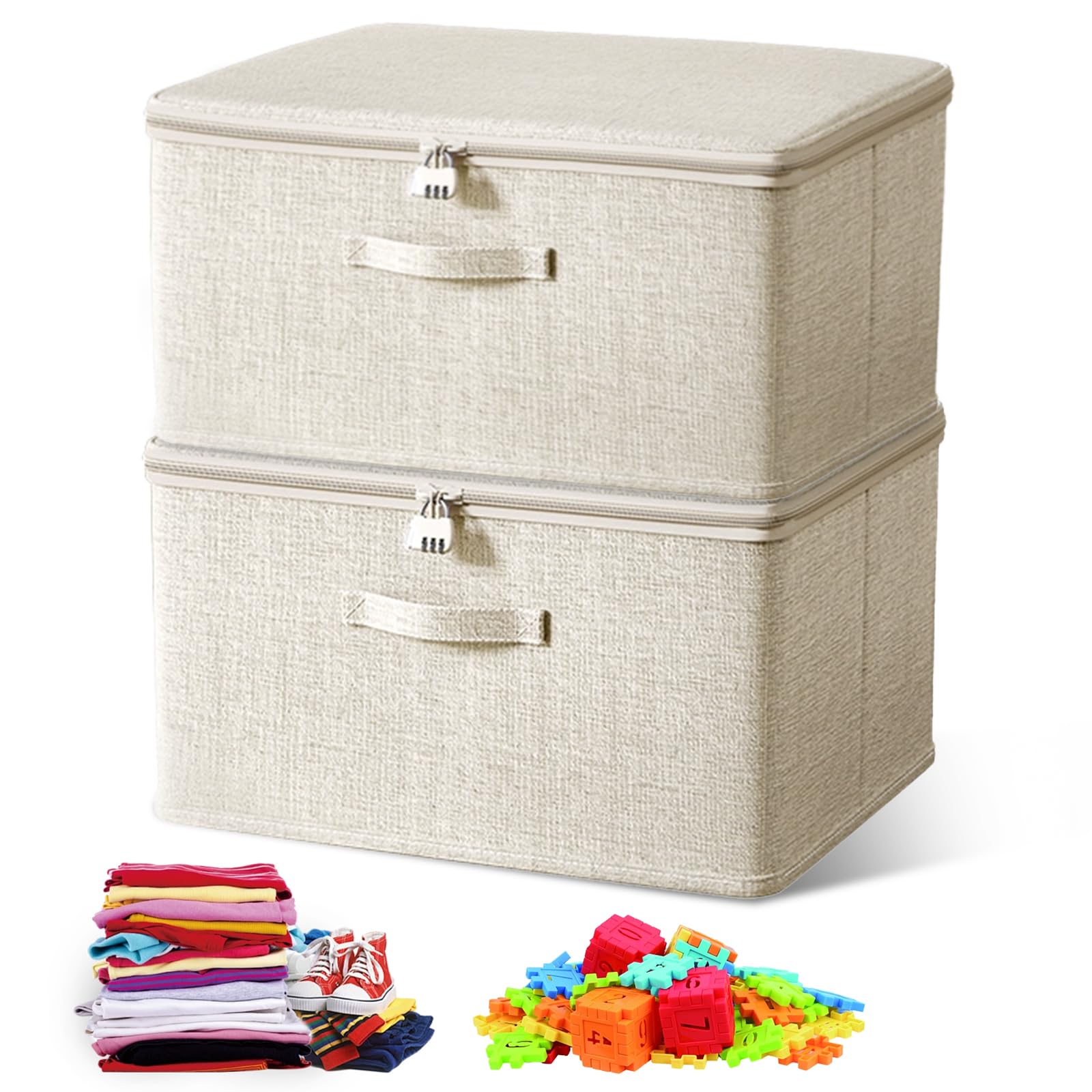 Scatola con serratura, 2 pezzi, scatola richiudibile, scatola pieghevole con lucchetto, contenitore in tessuto beige con coperchio, scatola richiudibile per giocattoli, vestiti, snack, 30 x 20