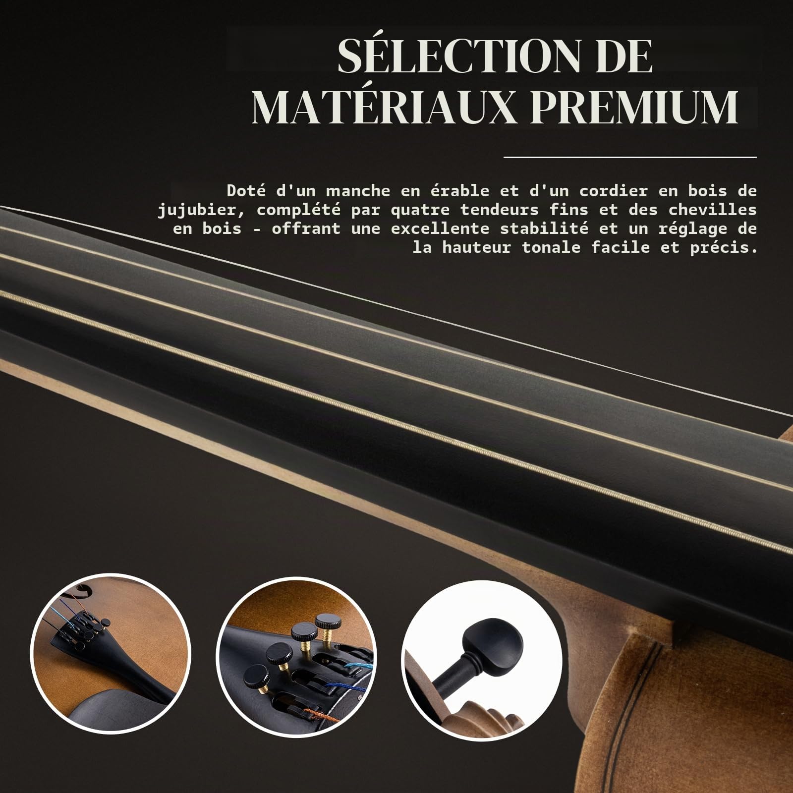 SONICAKE Violon 4/4 Bois Massif Set Complet avec Étui Rigide, Coussin, Colophane, Archets, Tuner Pince & Cordes Supplémentaires