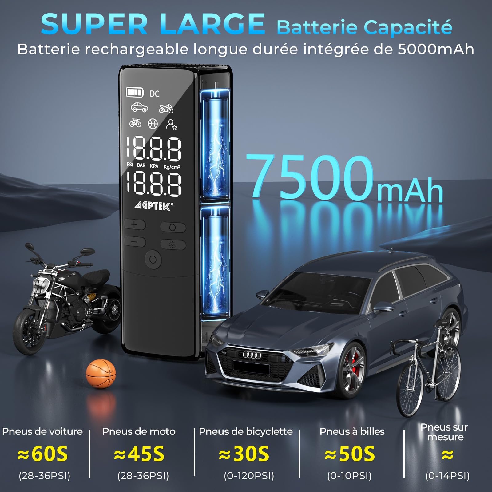 AGPTEK Mini Pompe à Voiture, Mini Compresseur à Air portatif, 7500mAh 12V DC, Portable Gonfleur Electrique pneus Voiture sans fil, 150PSI & 5 modes, LED et Arrêt auto pour les vélos, motos, balles