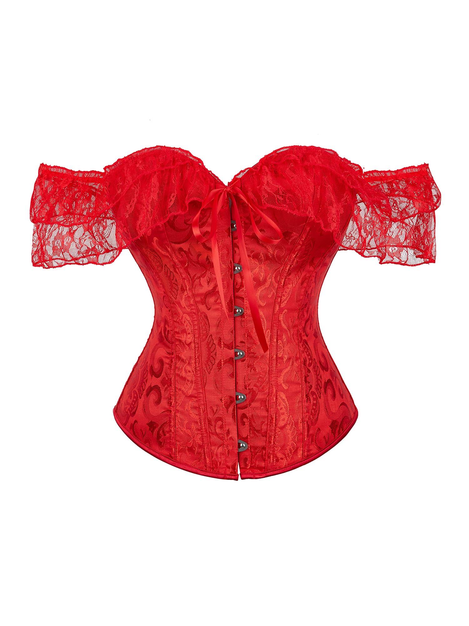 Acrawnni Women's Floral Lace Corset Off Shoulder Bustier Waist Shaping Slim Fishbone Overbust Corset Lace Up Bodyshaper Lingerie Top (A-Red, XL)