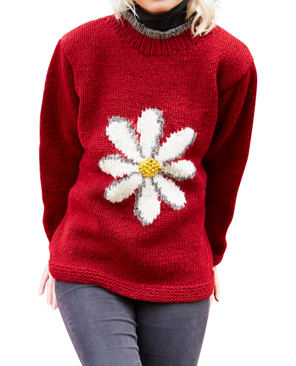 Pachamama Women Wool Jumper Handknitted Daisy Pattern Multicoloured Handmade Extra Warm Sweater Fair Trade