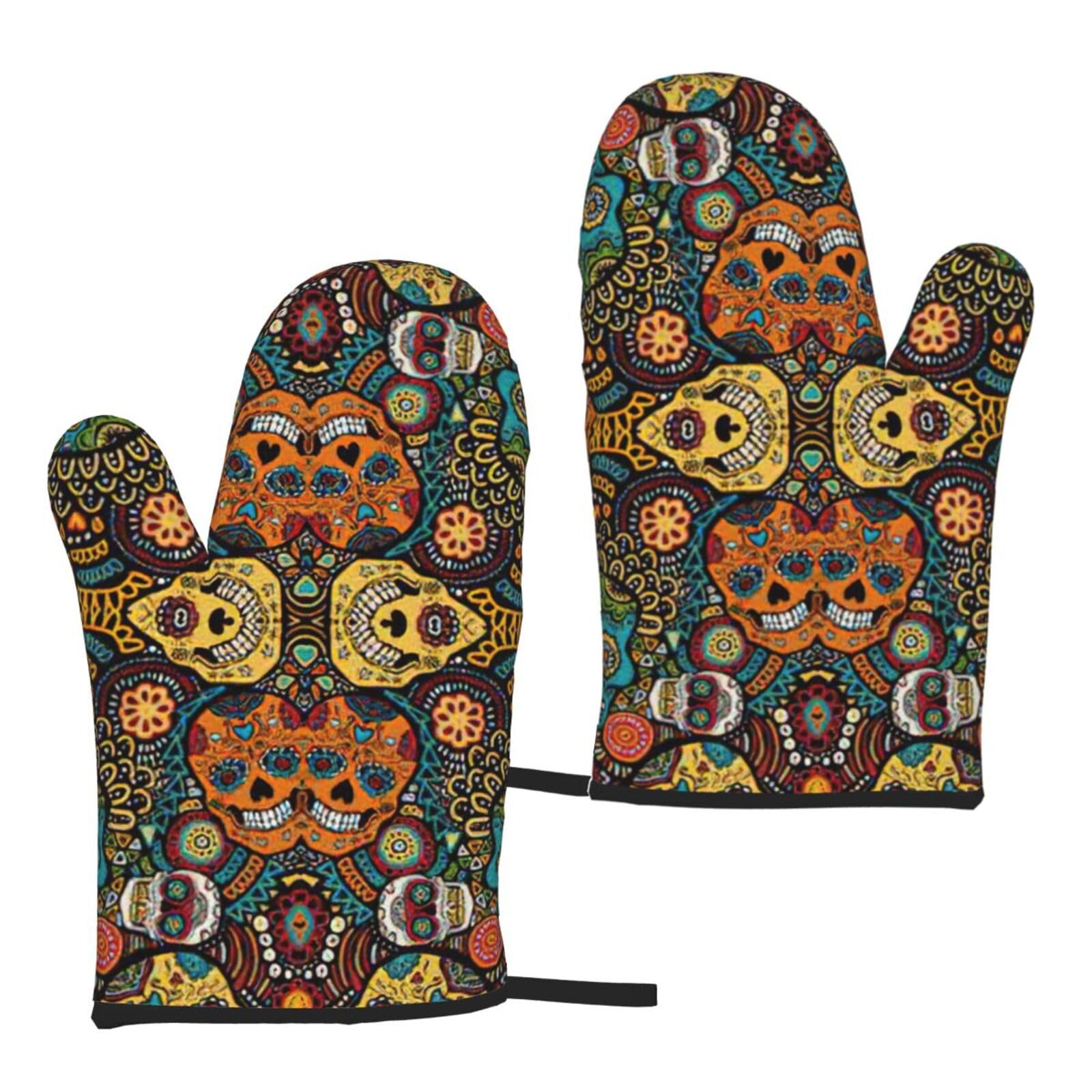 Nimongt Women's Black Colorful Sugar Skulls Print Adults Universal Fit Heat Resistant Oven Gloves Reusable Cooking Outdoor Grilling