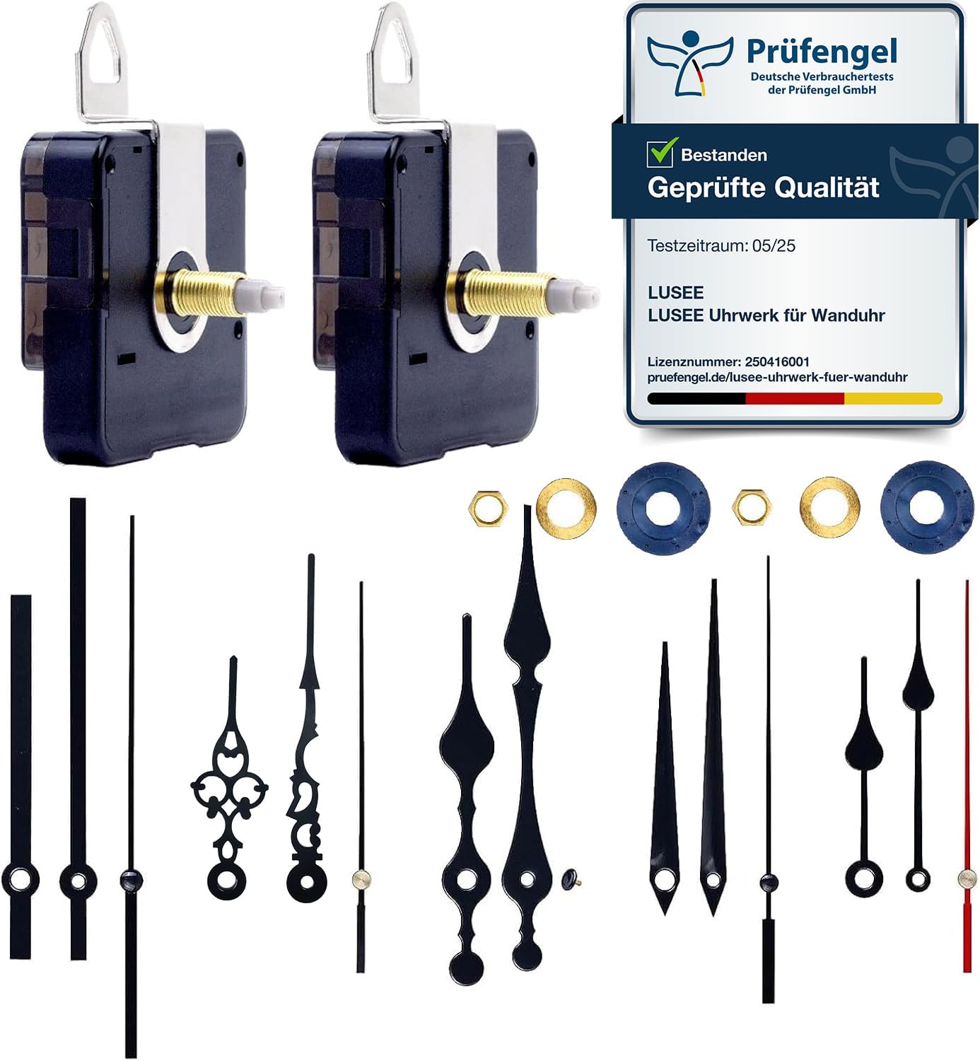 Lusee 2 Pack Clock Mechanisms Battery Powered, Long and Short Shaft Quartz Mechanism with 5 Pairs Aluminium Clock Hands, Motor Movement Replacement DIY Kits, Black