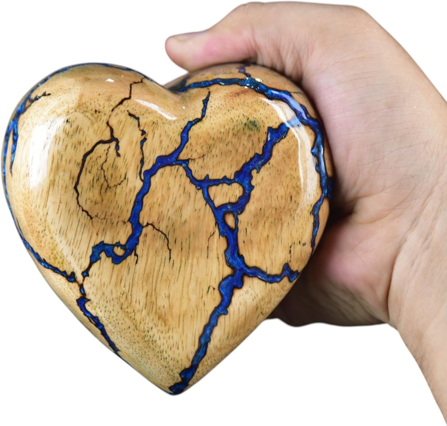 Handmade Wooden Heart Keepsake Urn with Blue Resin Inlay – Small Decorative Memorial Urn for Human or Pet Ashes – Unique Artisan Crafted Memory Box (Small - 6 Cub/inch)