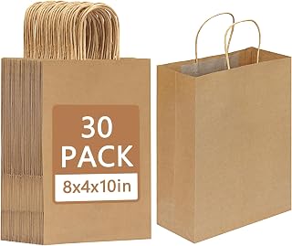 Moretoes 30pcs Paper Gift Bags Brown Paper Bags with Handles, 8x4x10 Inch Medium Sizes Gift Bags Bulk, Paper Bags for Small Business, Shopping Bags, Retail Bags, Party Bags, Favor Bags