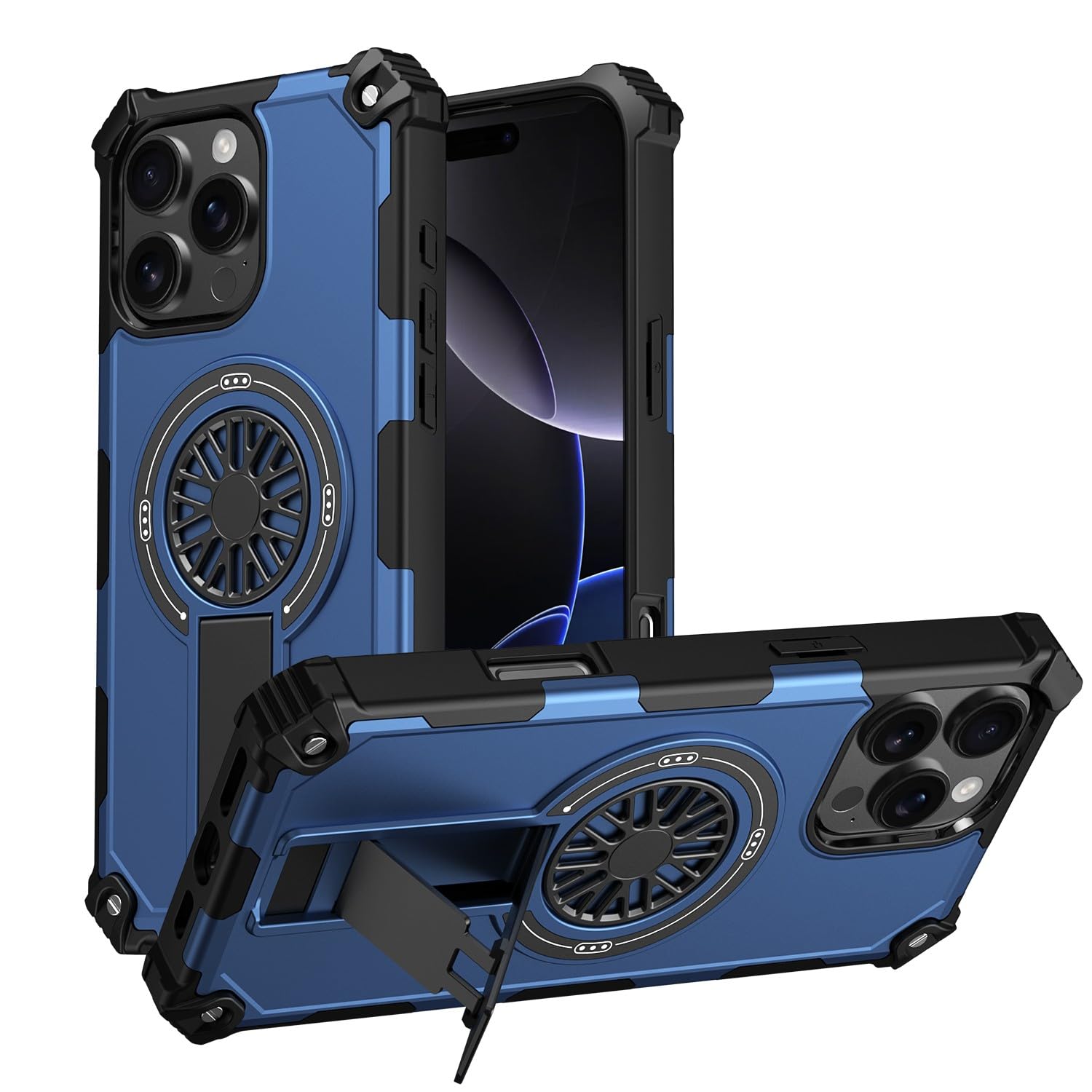 Coque iPhone 14 bleue en silicone rigide antichoc avec support intégré - 8