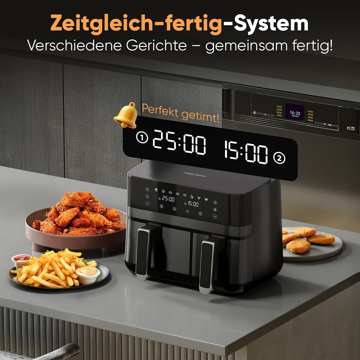 Proficook, Frytkownica na gorące powietrze 9 l PC-FR1295H Czarna - podwójna komora 2700 W, 2 tace (5,5 l + 3,5 l), 8 programów automatycznych, sterowanie dotykowe, powłoka nieprzywierająca