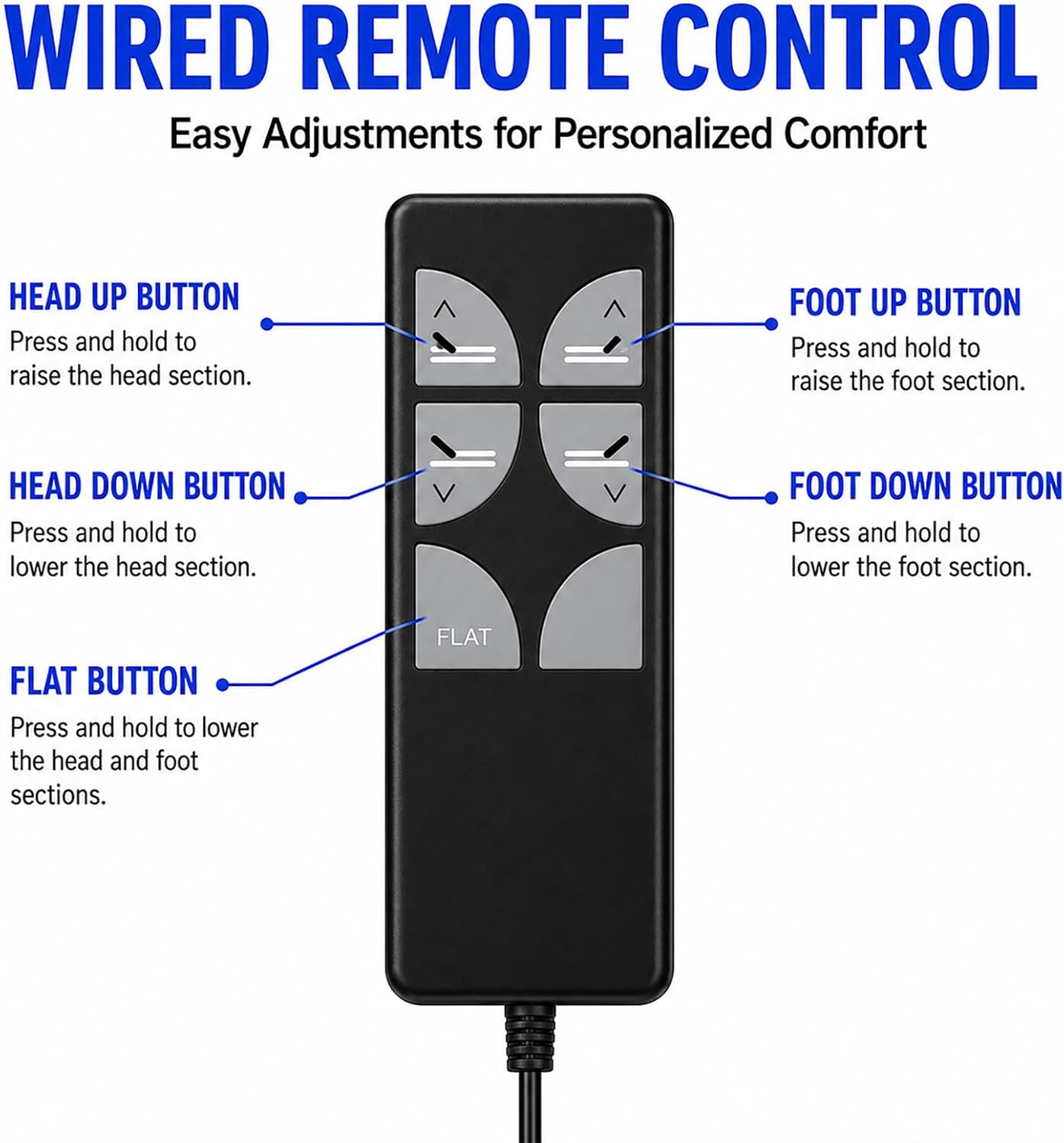 Replacement Wired Remote Control for Tempur-Pedic Tempurpedic Tempur Ergo Series Adjustable Bed Base, B3111-220, RC-HW-105