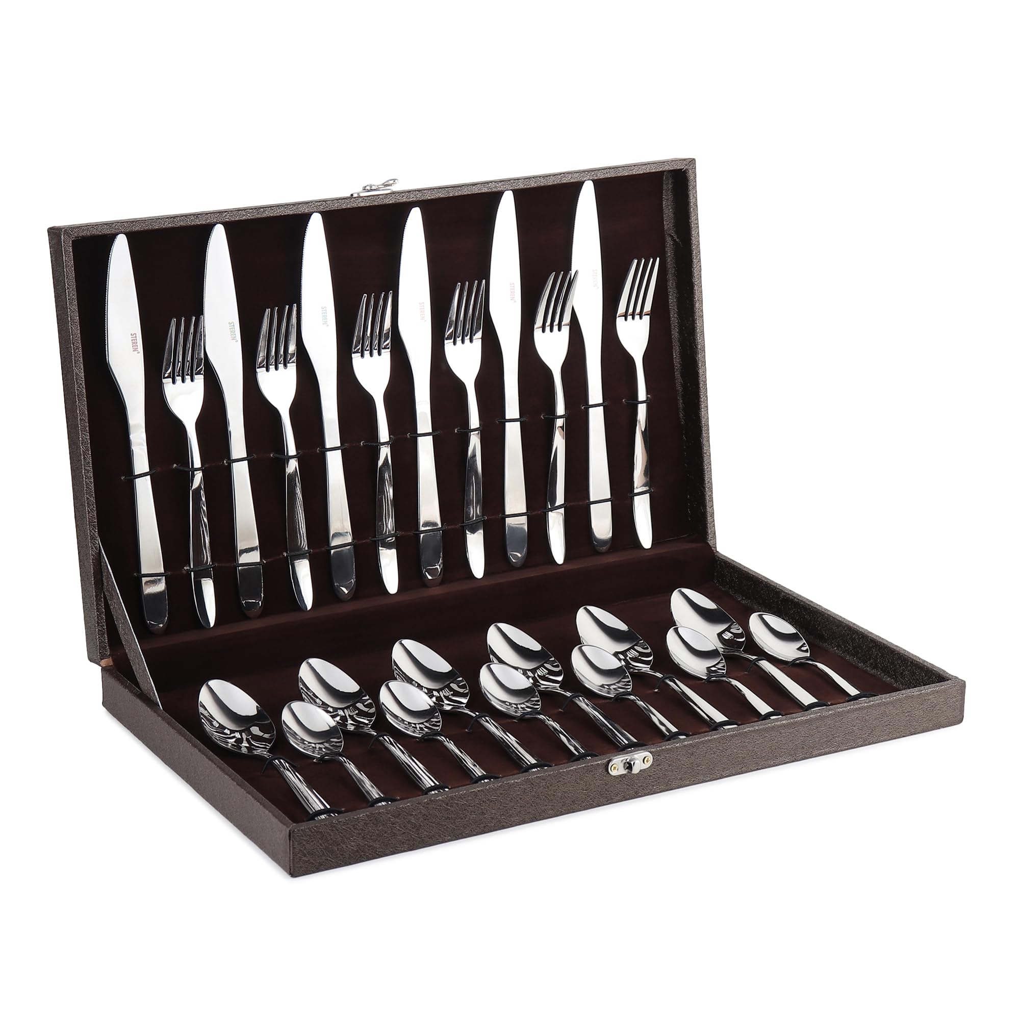 STEREN IMPEX | Mirror Finish Stainless Steel Cutlery Set with Portable Box, 24-Piece Set Includes Knife/Fork/Spoon/Teaspoon (Perfect for Gifting)