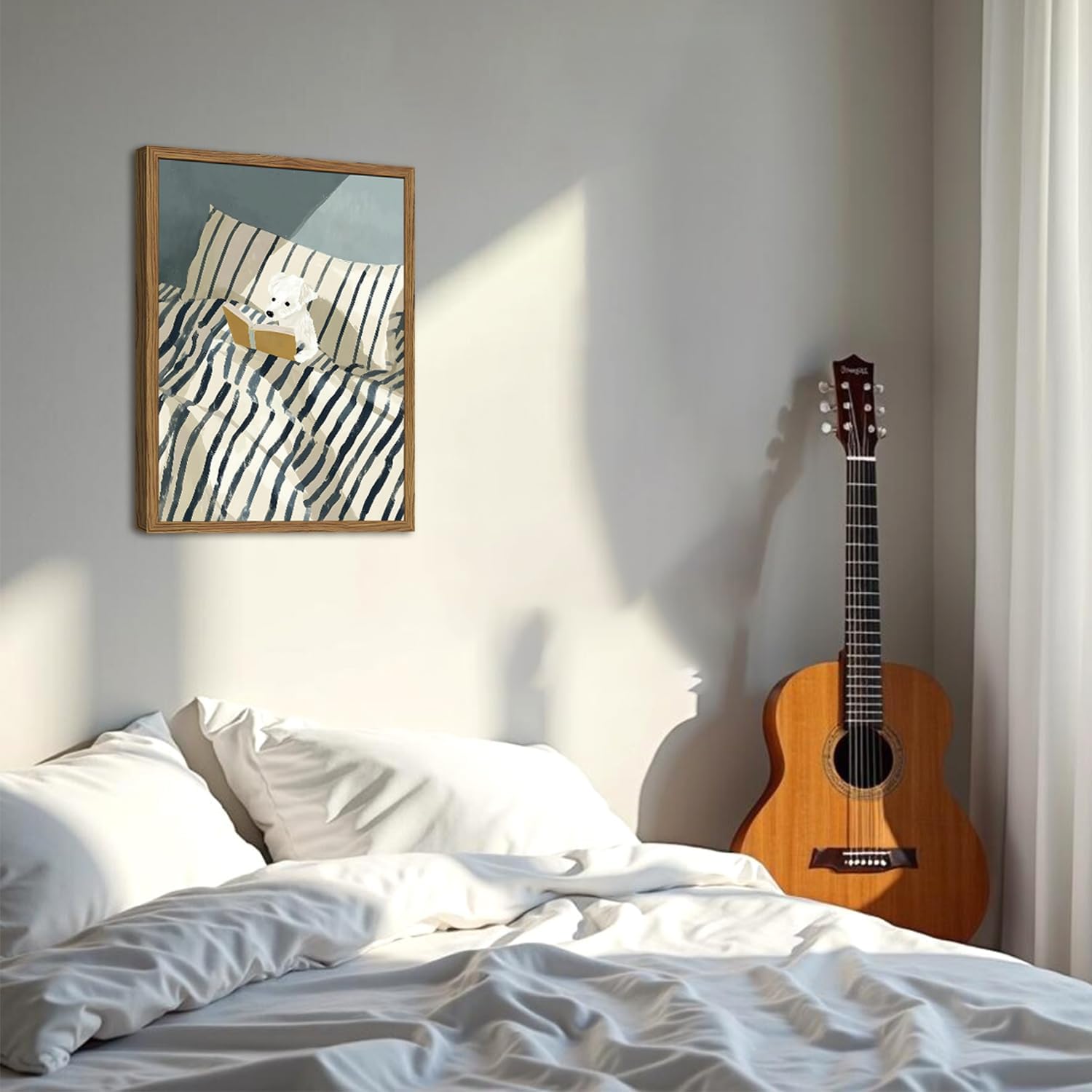 Funny Dog Reading Wall Art Whimsical Dog in White and Blue Striped Bed Wall Decor Painting Eclectic Animal Poster Canvas Print for Bedroom Living Room Bathroom 12x16 inch Wood Framed