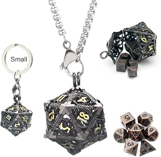 Haxtec Mini Metal DND Dice Set, D20 Hollow Cage Pendant Necklace & Keying | 7Pcs 6mm Portable Micro Die, Charm D&D Accessories, Cool Travel RPG Dice, Unique Gifts for Dungeons and Dragons Players