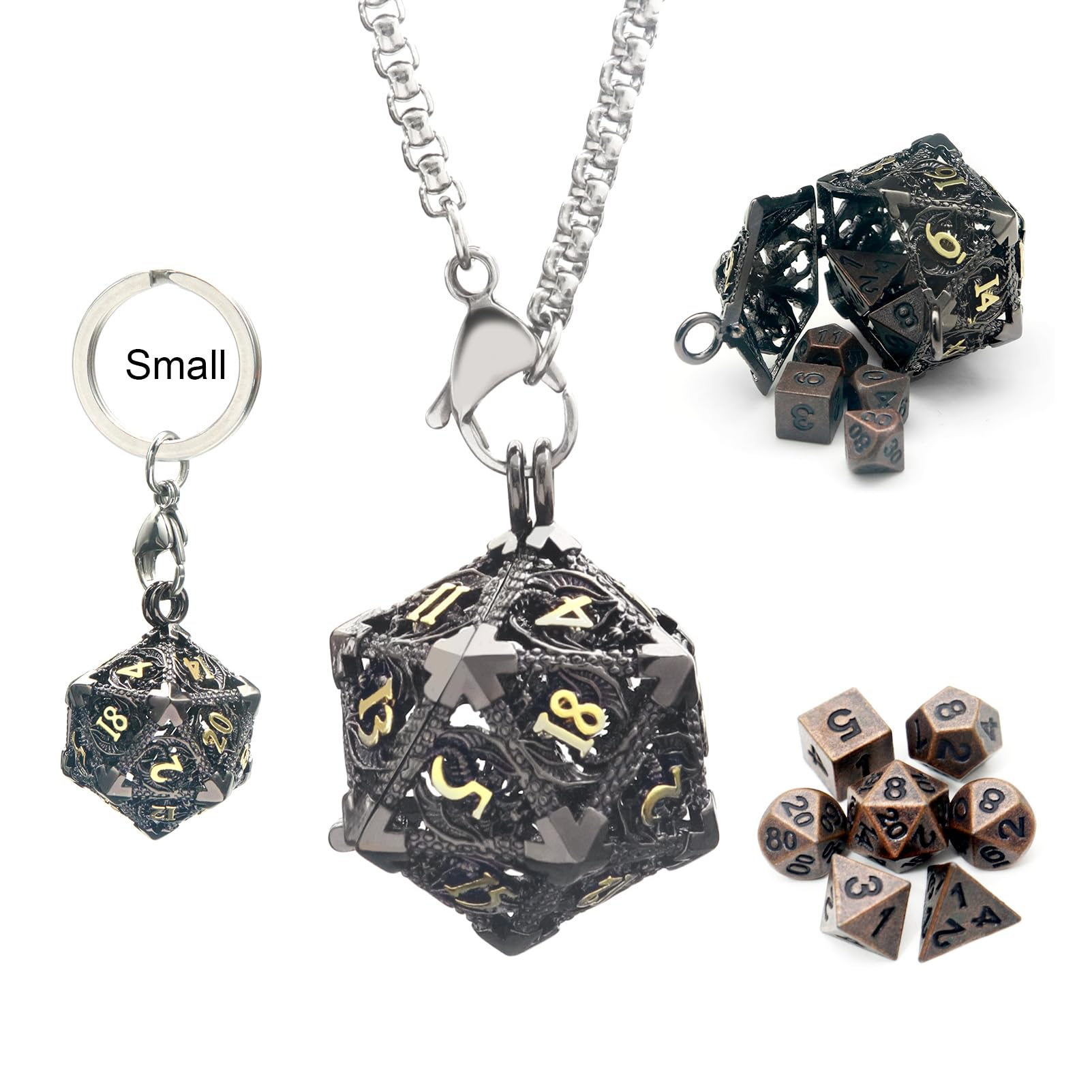 HaxtecMini Metal DND Dice Set with Hollow Necklace Dice Case Antique Tiny Metal Dice Set D&D Keychain Portable 7PCS Dice Set