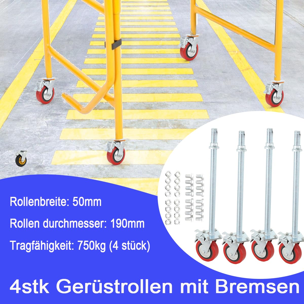 4 Stück Gerüstrollen 190 mm Stahlspindel Gerüsträder mit Bremsem | 360° Drehbar, 750kg Tragfähigkeit, Spindelrollen Gerüst Schwerlastrollen Räder, für Arbeitsgerüste Transportrollen Lenkrollen